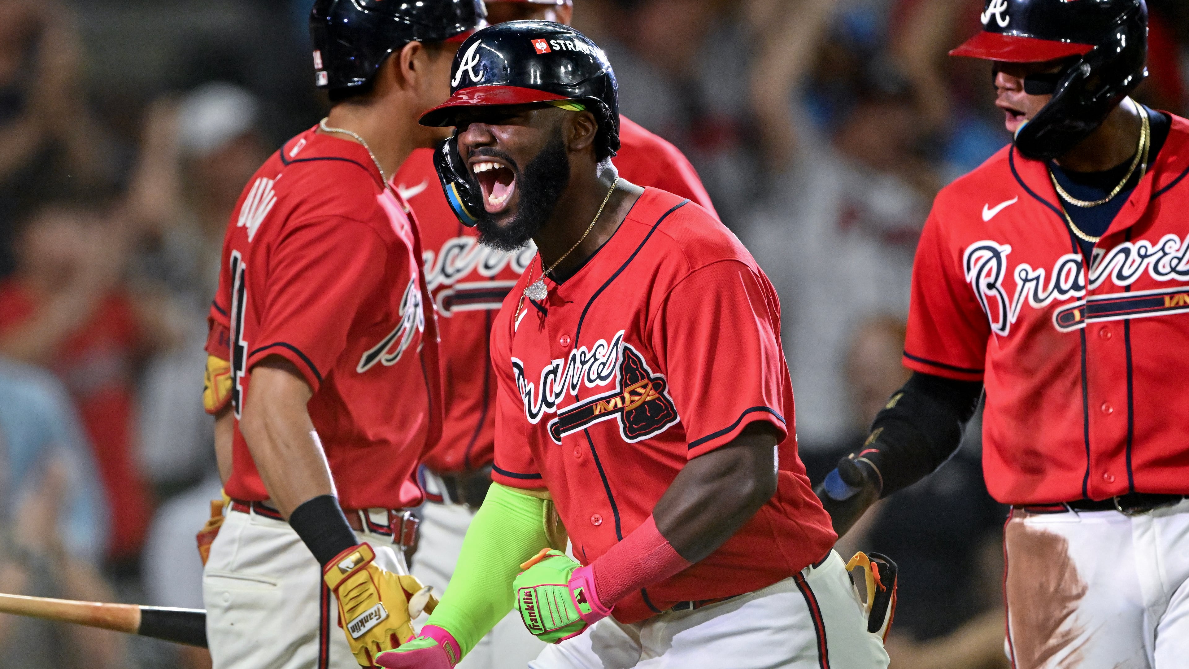 Atlanta Braves' Michael Harris II reacts after hitting a three-run home run against the Philadelphia Phillies during the first inning of Game 3 of a MLB National League Wild Card playoff series Thursday, Oct. 1, 2026, in Atlanta. (Hyosub Shin/AJC)