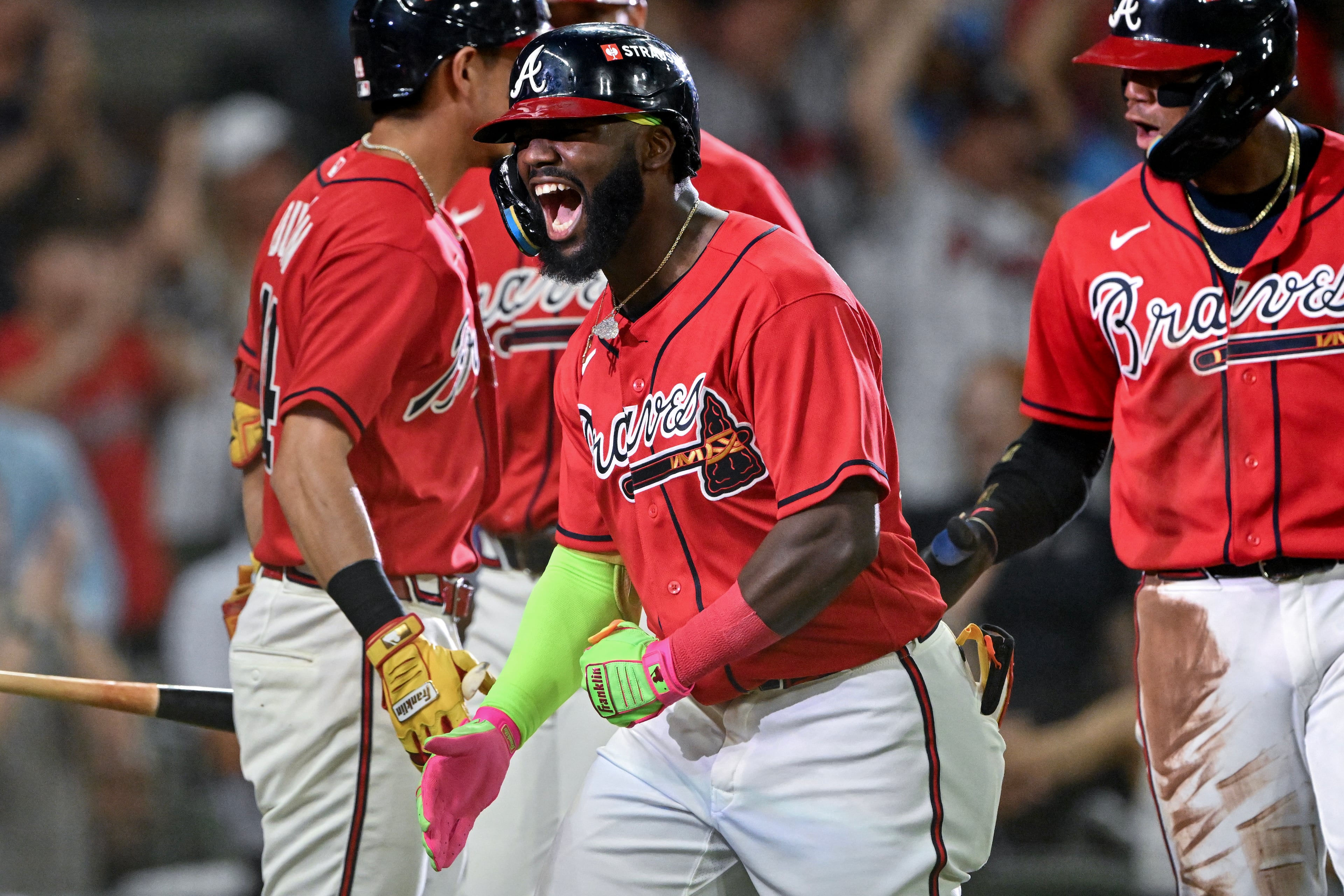 Atlanta Braves' Michael Harris II reacts after hitting a three-run home run against the Philadelphia Phillies during the first inning of Game 3 of a MLB National League Wild Card playoff series Thursday, Oct. 1, 2026, in Atlanta. (Hyosub Shin/AJC)