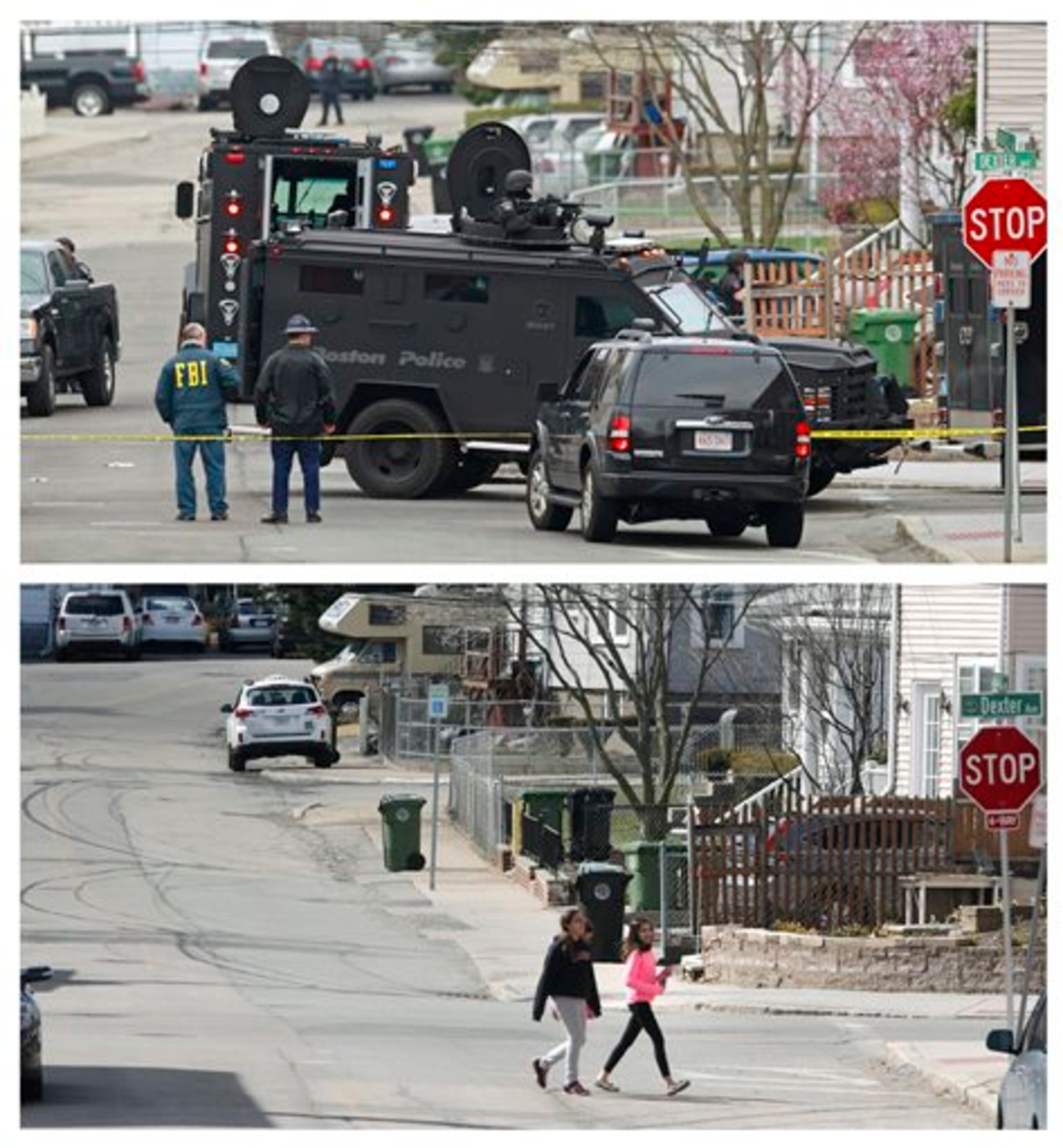 This combination of April 19, 2013 and April 9, 2014 photos show law enforcement authorities searching for Boston Marathon bombing suspect Dzhokhar Tsarnaev in Watertown, Mass., and a view of the same street as children return home from school almost a year later. (AP Photo/Charles Krupa)
