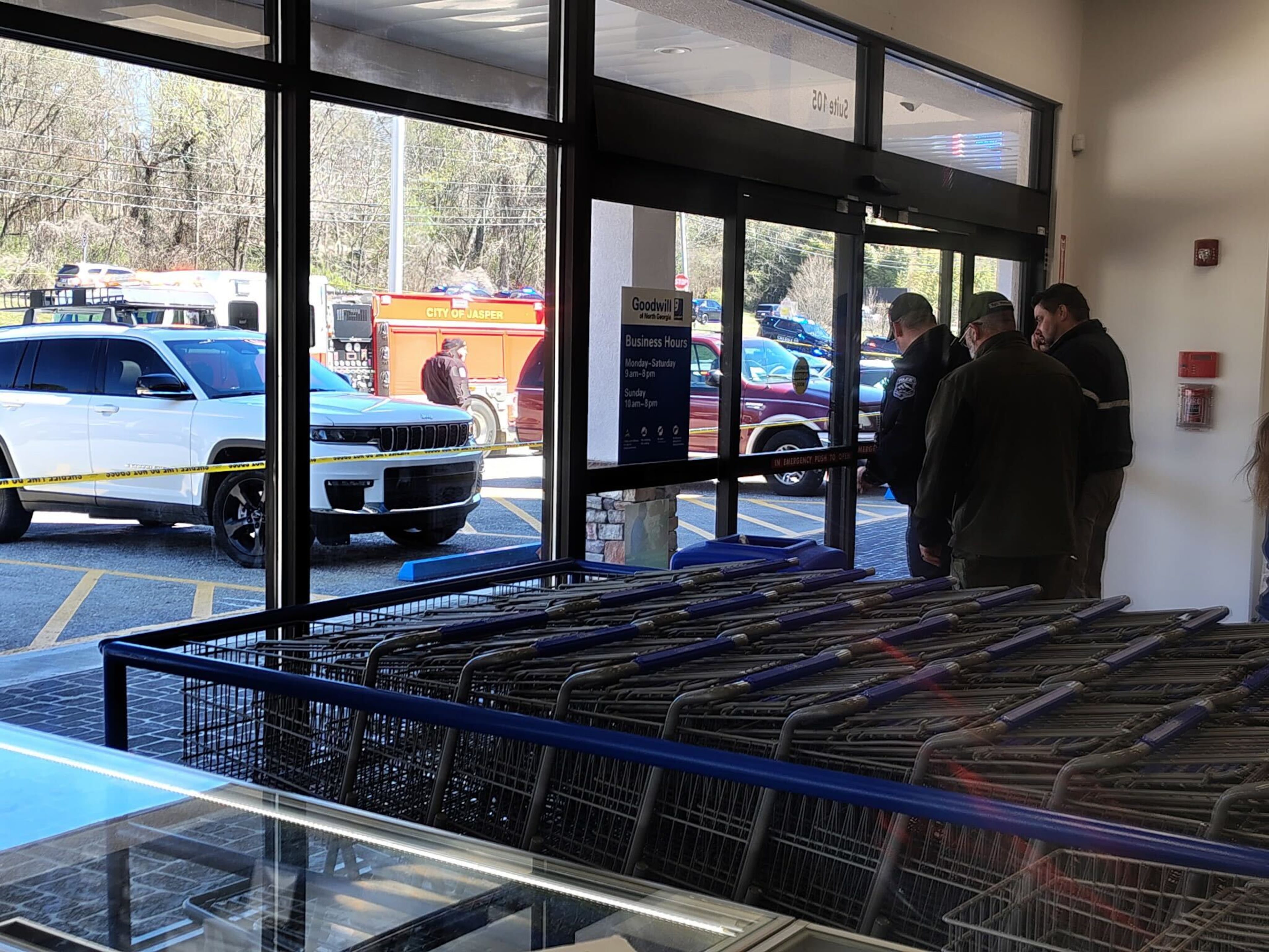 A shooting Tuesday, March 17, 2026, at the Pickens County Veterans Affairs clinic prompted shoppers at the nearby Goodwill of North Georgia to stay put as law enforcement responded to the scene. (Michelle Hendren for the AJC)