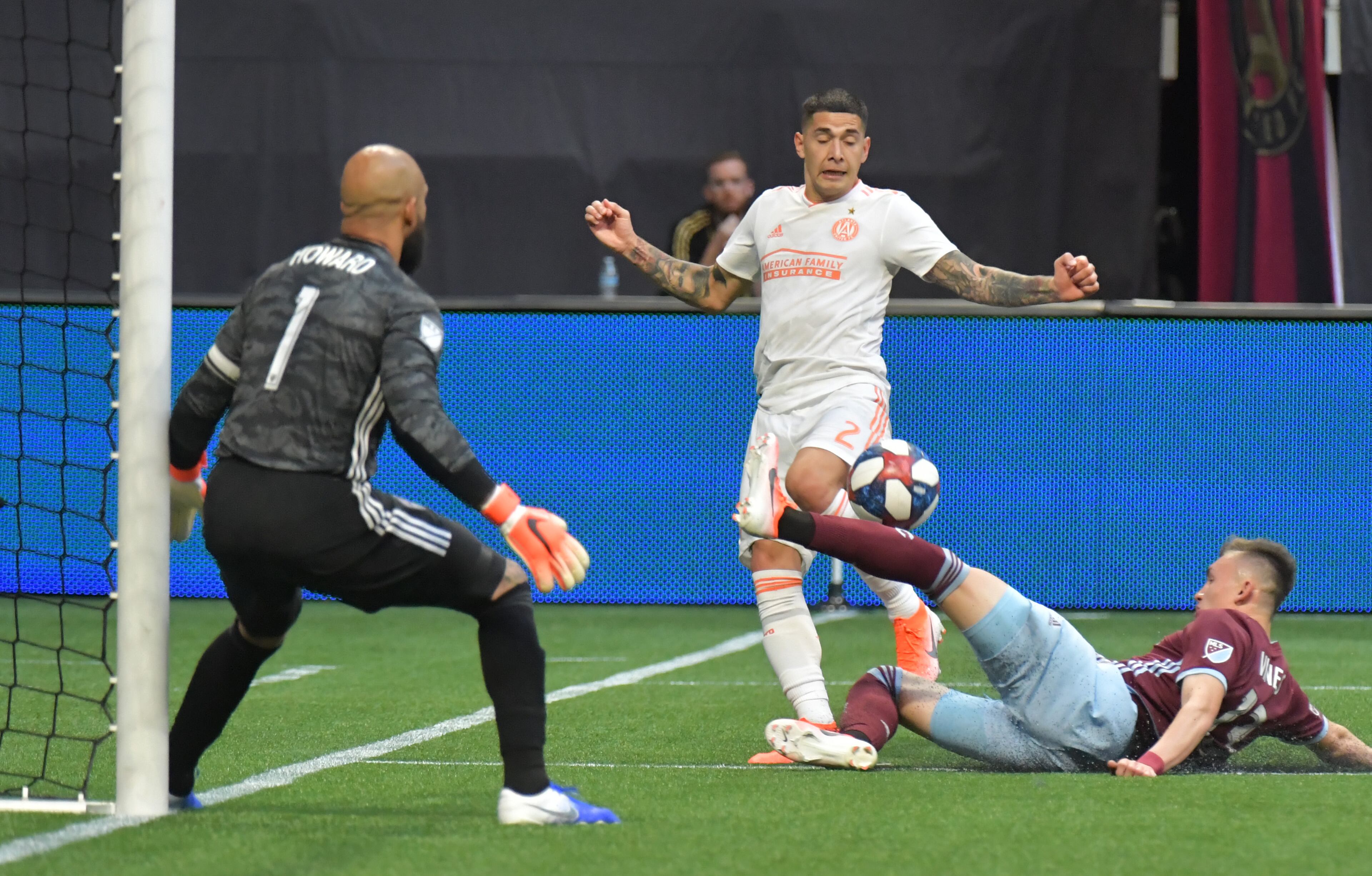 April 27, 2019 Atlanta - Colorado Rapids defender Sam Vines (13) blocks the shot by Atlanta United defender Franco Escobar (2) in front of Colorado Rapids goalkeeper Tim Howard (1) during the second half in a MLS soccer match at Mercedes-Benz Stadium in Atlanta on Saturday, April 27, 2019. Atlanta United won 1-0 over the Colorado Rapids. HYOSUB SHIN / HSHIN@AJC.COM