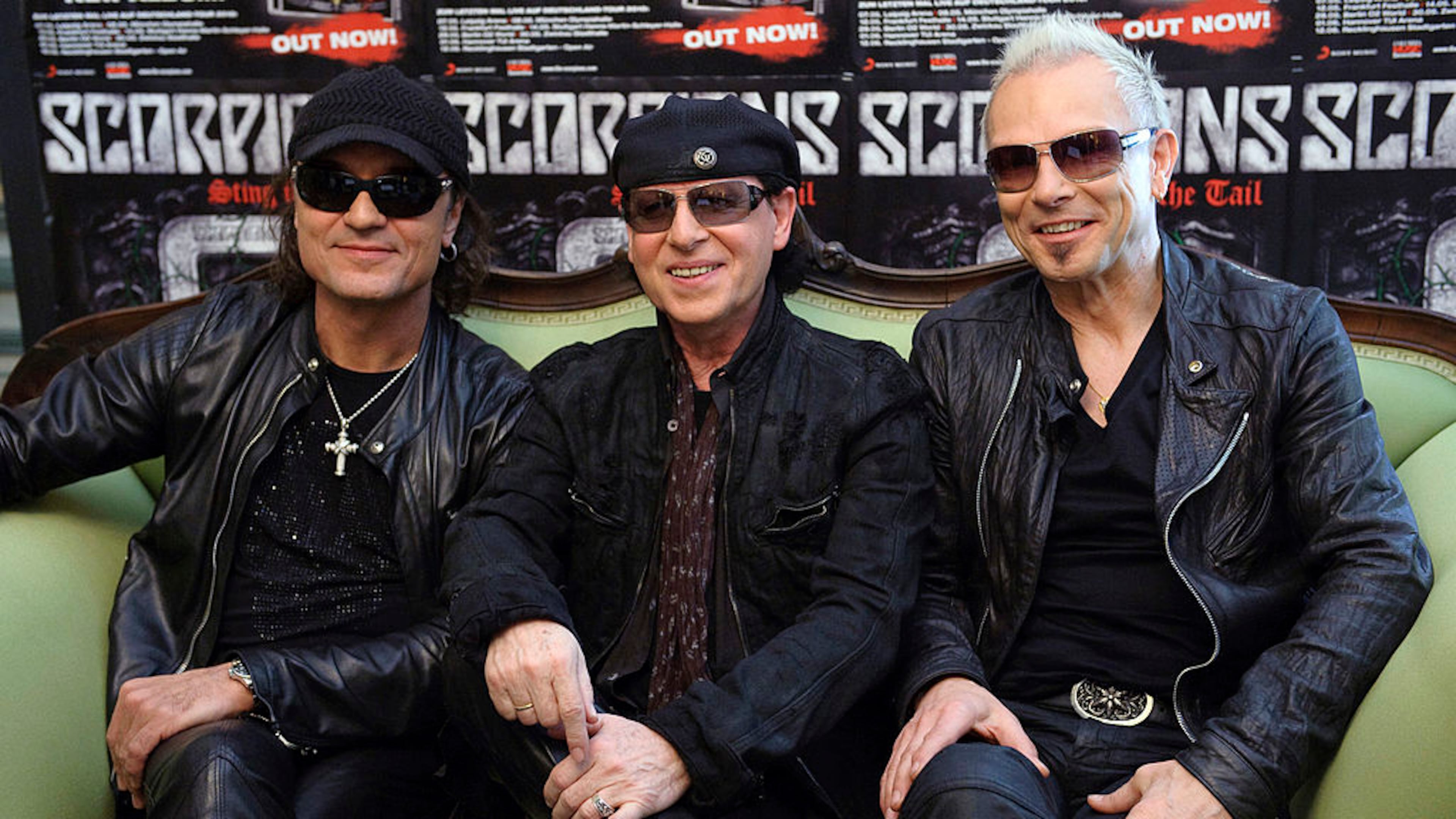 Members of the legendary German heavy metal band the Scorpions. From left to right, Matthias Jabs, Klaus Meine and Rudolf Schenker pose during a press conference at Hotel Bayerischer Hof on March 8, 2010 in Munich, Germany.