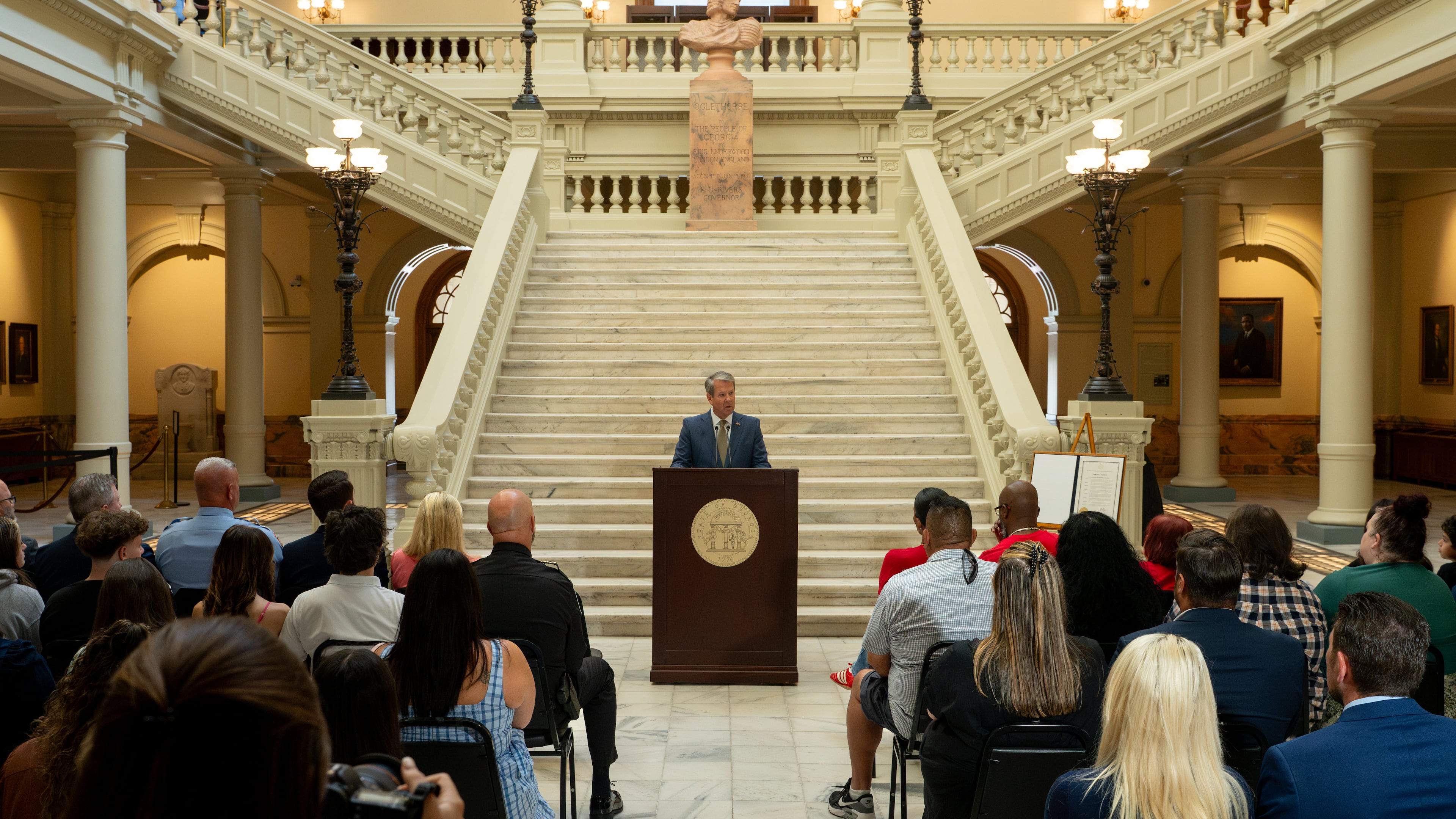Georgia Gov. Brian Kemp speaks at a ceremony at the Capitol on Thursday, Sept. 3, 2026, declaring Sept. 4 as Apalachee Remembrance Day. (Ben Hendren for the AJC)