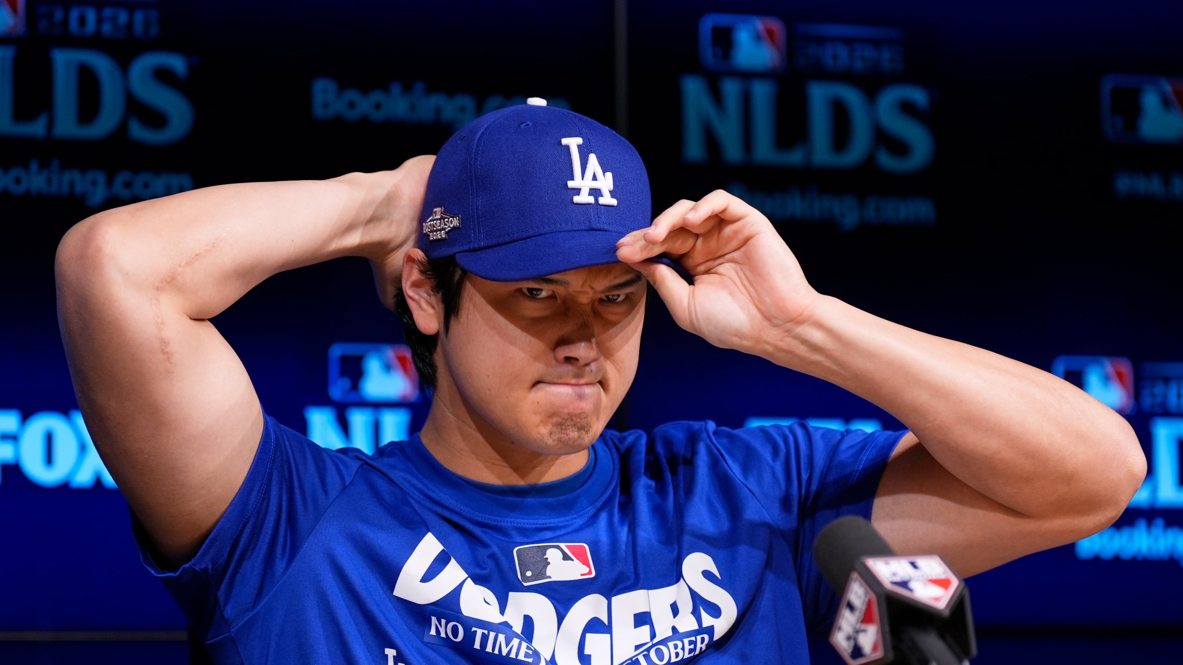 Los Angeles Dodgers' Shohei Ohtani speaks during a news conference ahead of a baseball NL Division Series Friday, Oct. 2, 2026, in Los Angeles. (AP Photo/Mark J. Terrill)