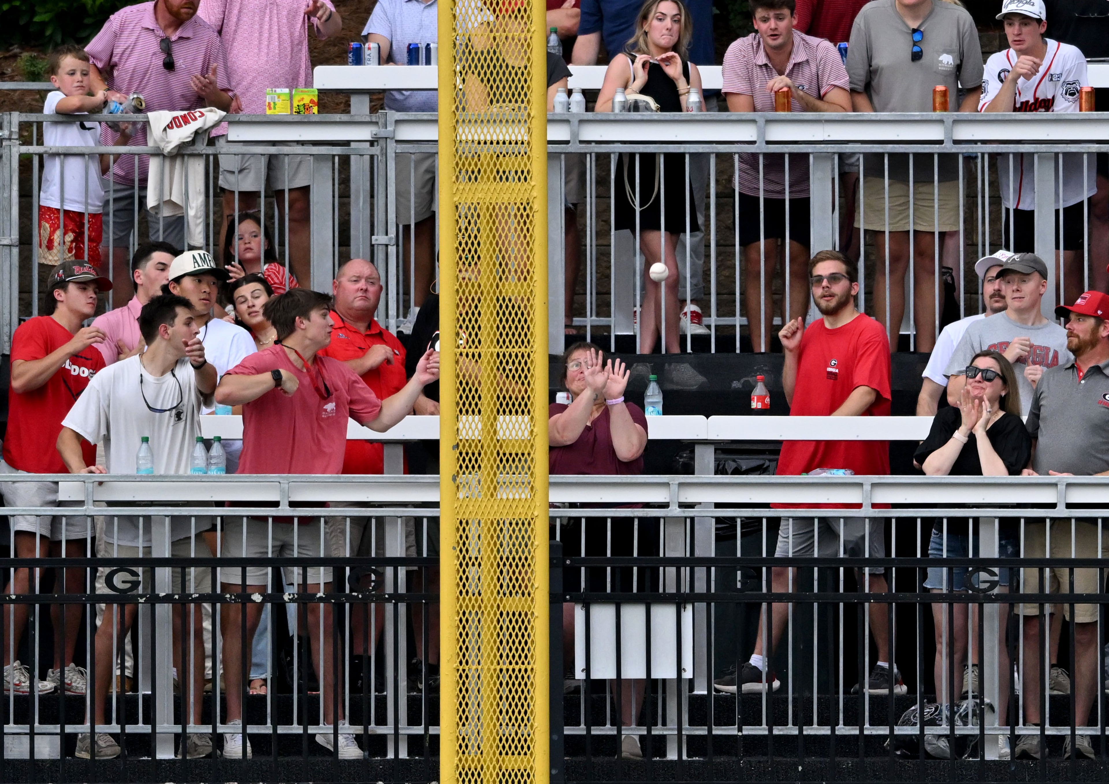 Long Island’s fly ball falls into the foul zone during the fourth inning of its NCAA Regional game at Foley Field, Friday, May 29, 2026, in Athens. (Hyosub Shin/AJC)