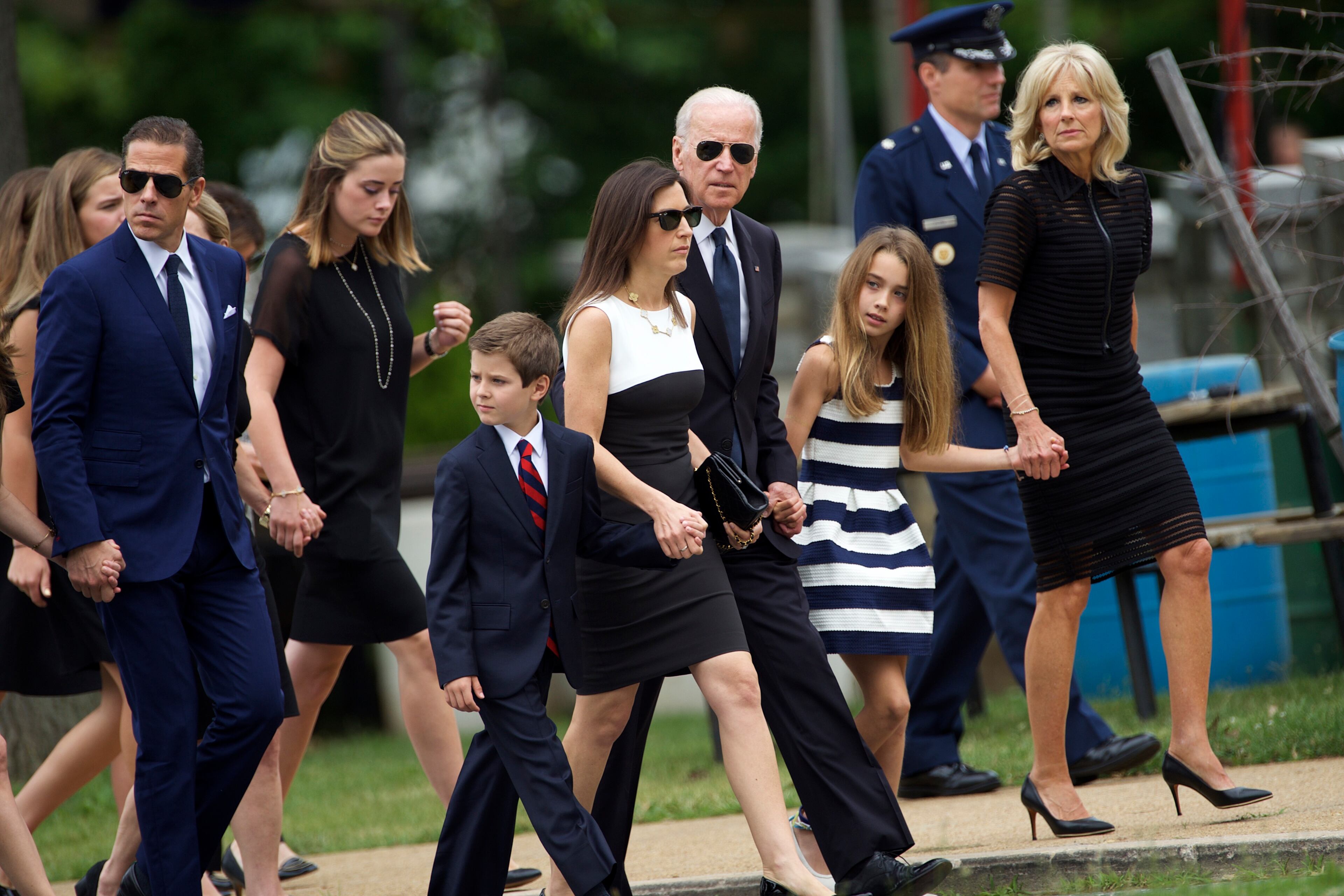 WILMINGTON, DE - JUNE 6: U.S. Vice President Joe Biden (C) and his wife Dr. Jill Biden (R) arrive with family for a mass of Christian burial at St. Anthony of Padua Church for there son, former Delaware Attorney General Beau Biden, on June 6, 2015 in Wilmington, Delaware. U.S. President Barack Obama is expected to deliver a eulogy for the son of Vice President Joe Biden after he died at 46 following a two-year battle with brain cancer. (Photo by Mark Makela/Getty Images)