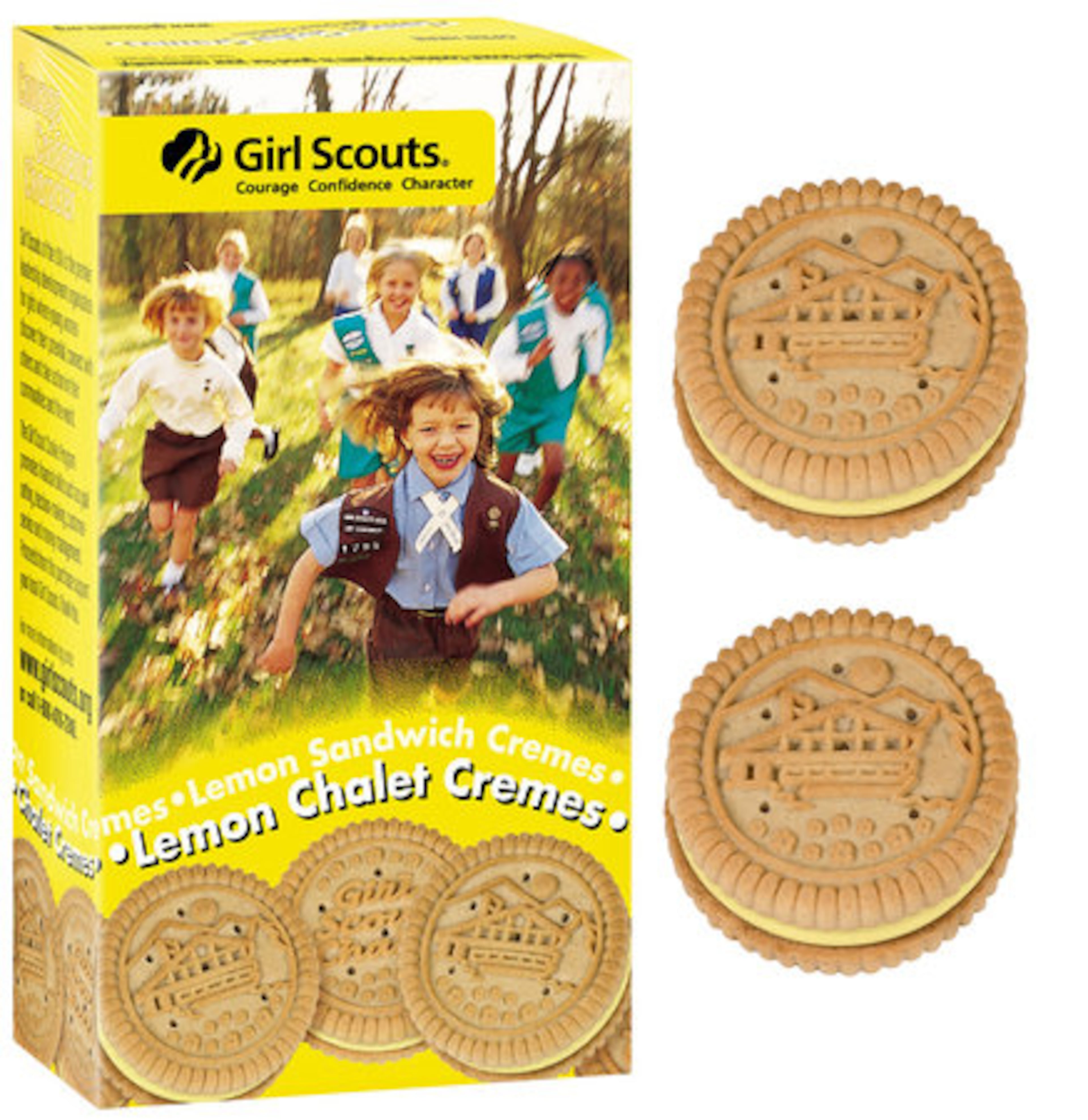 LEMON CHALET CREMES -- Uniquely designed to feature the Girl Scout Chalet, this delicious vanilla sandwich has a hint of cinnamon-ginger spice and a zesty lemon creme filling.