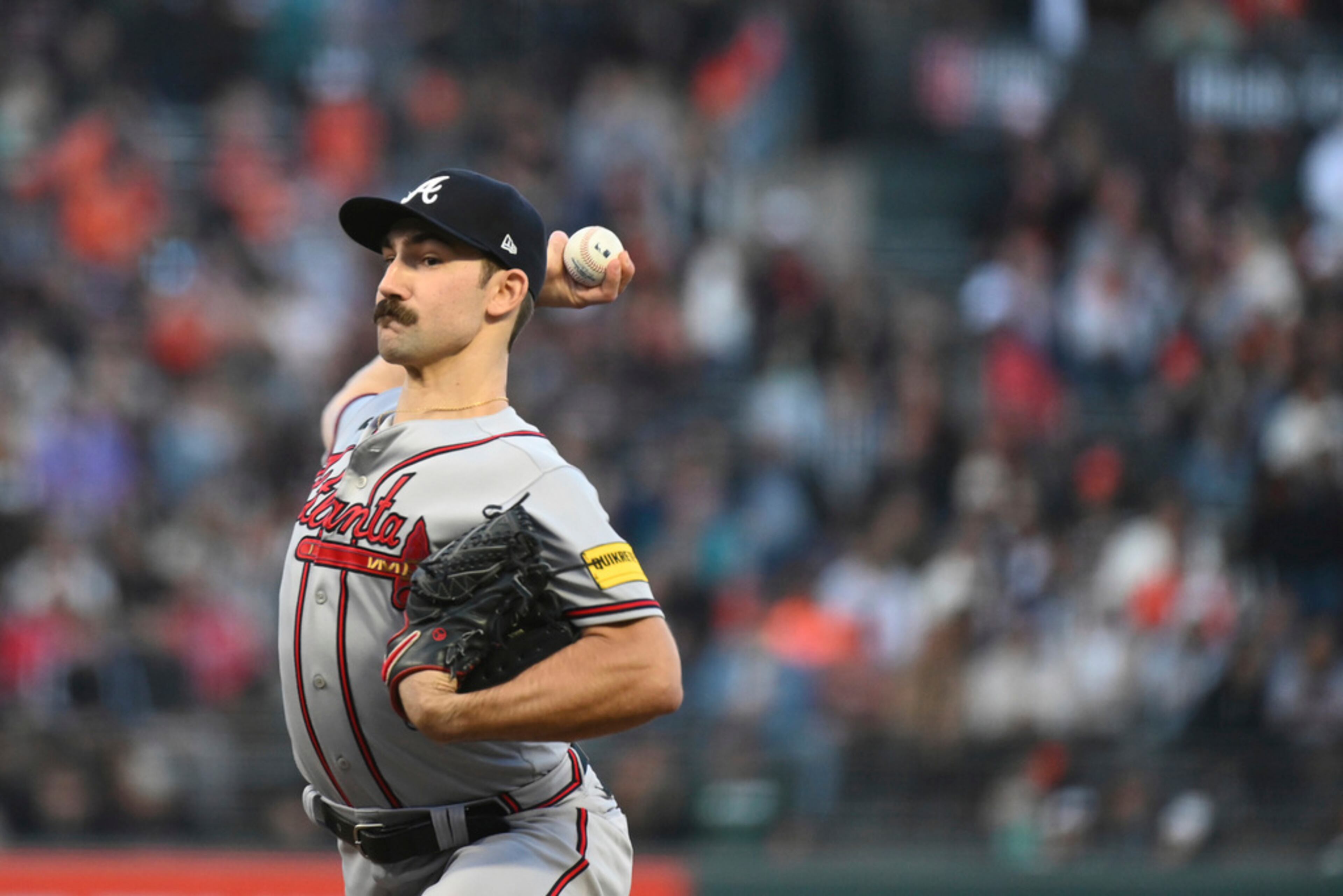 Atlanta Braves pitcher Spencer Strider throws to a San Francisco Giants batter during the first inning of a baseball game in San Francisco, Friday, Aug. 25, 2023. (AP Photo/Nic Coury)