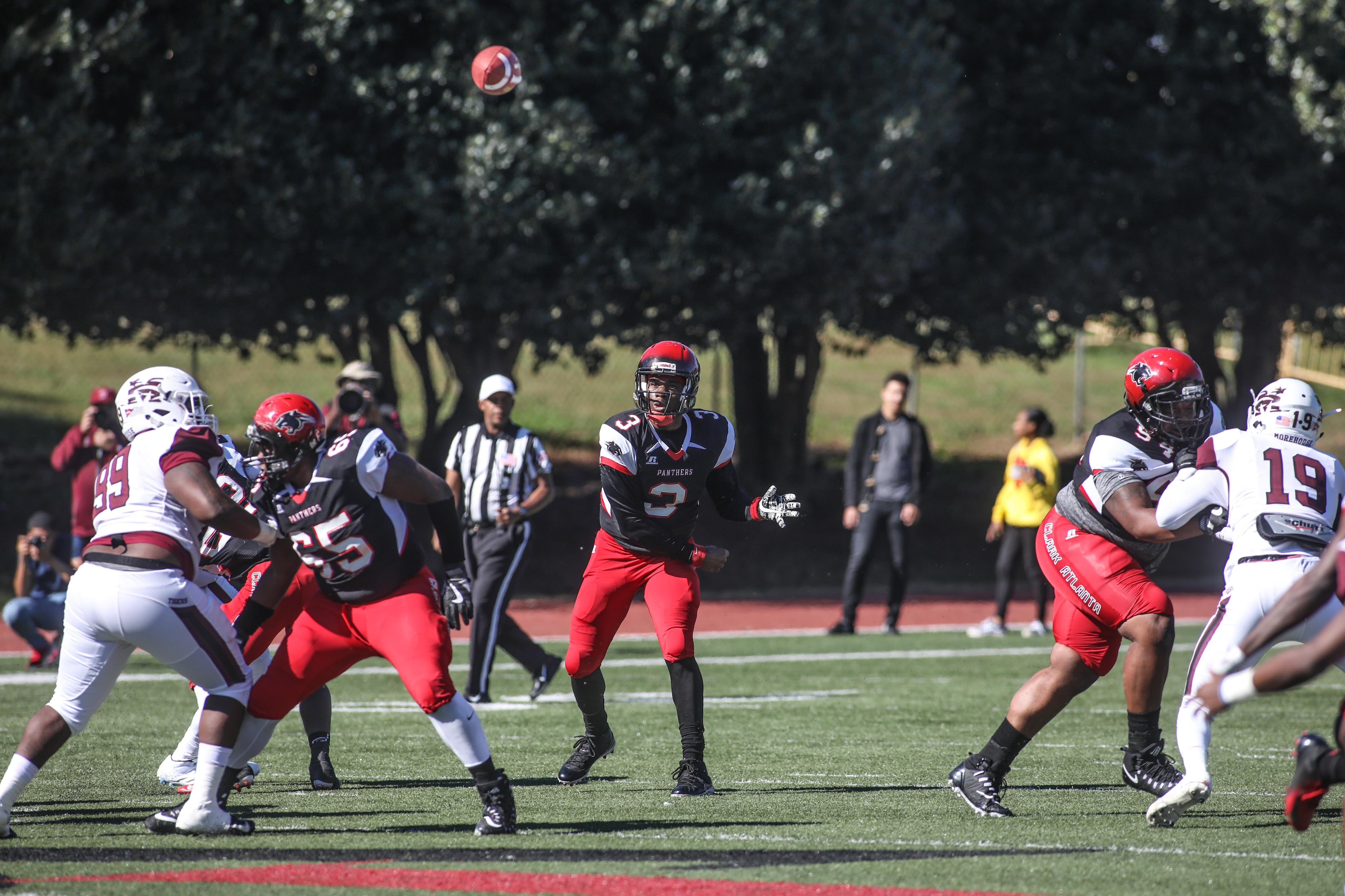 Clark Atlanta Panthers quarterback Charles Stafford (3) passes the ball during a college football game against the Morehouse Maroon Tigers, Saturday, Nov. 3, 2018, in Atlanta. BRANDEN CAMP/SPECIAL
