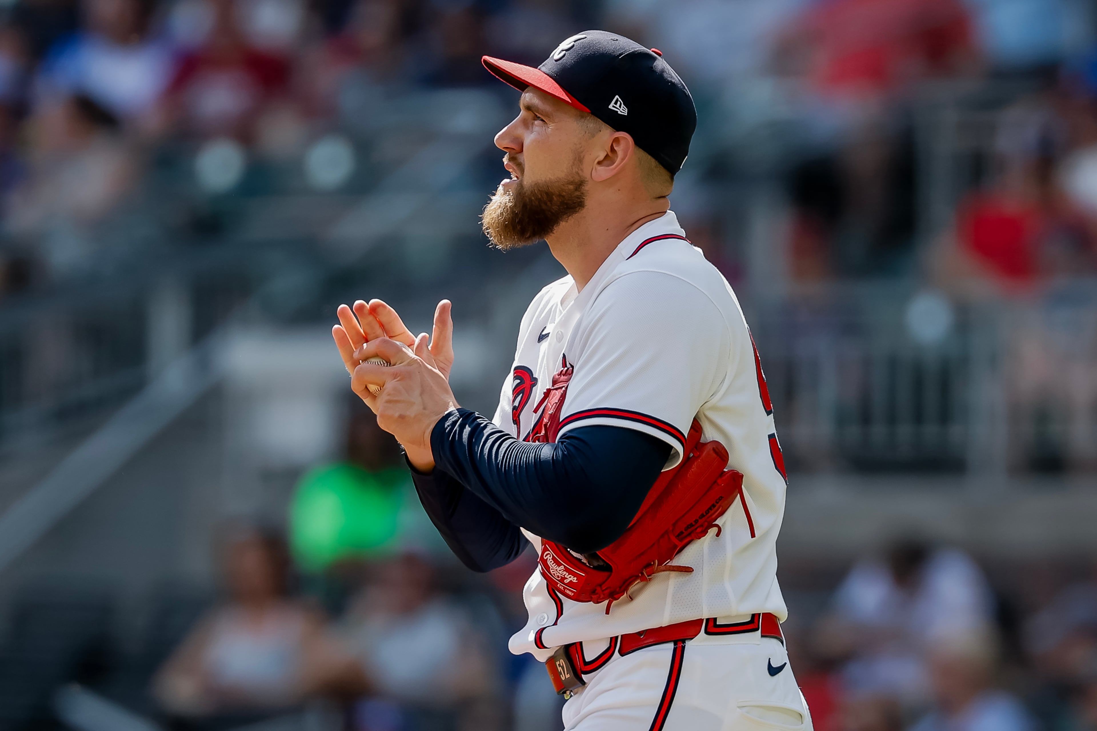 Braves reliever Dylan Lee keeping an eye on things. (Erik S. Lesser/AP)