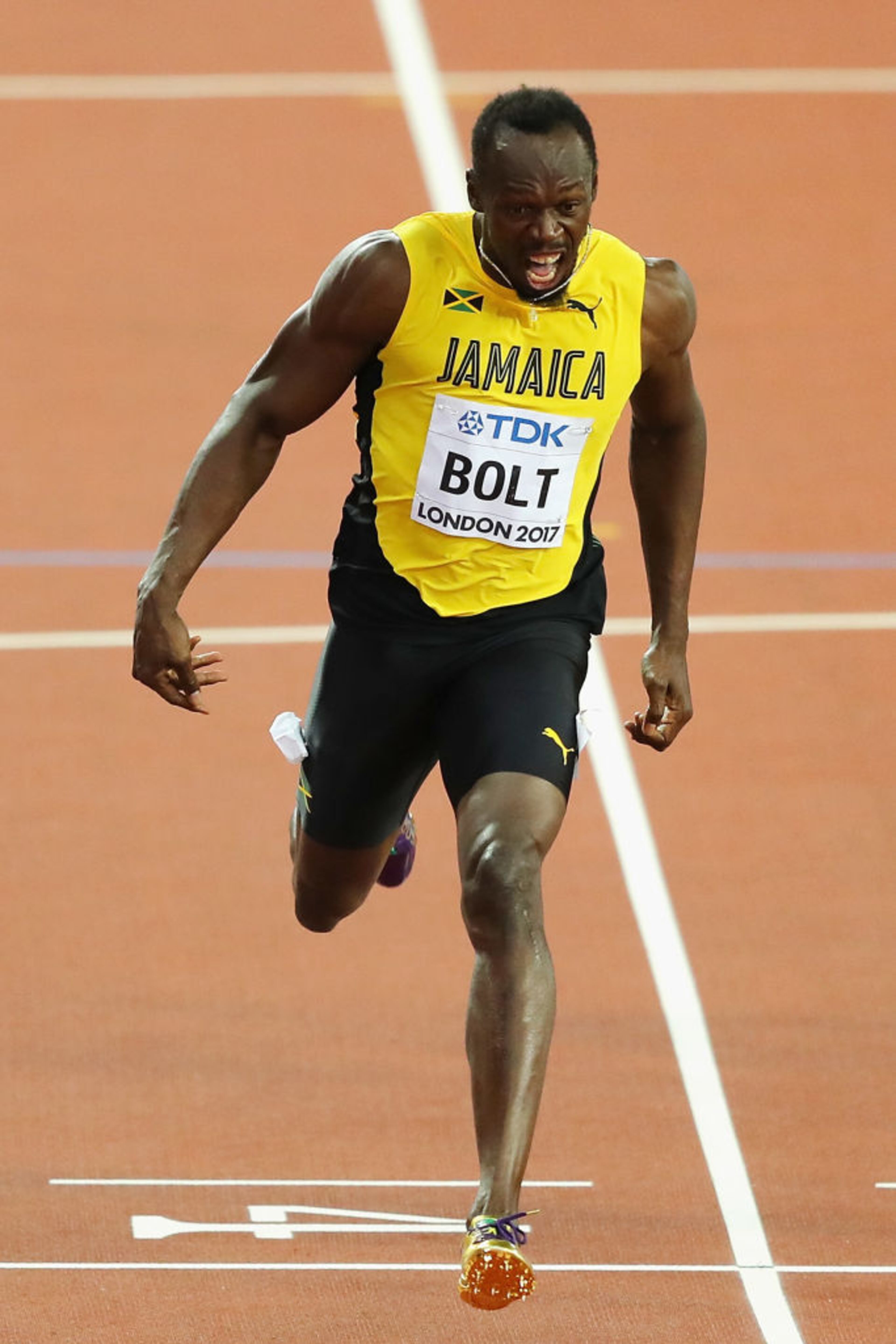 LONDON, ENGLAND - AUGUST 05: Usain Bolt of Jamaica crosses the finish line to finish in third place finish in the Men's 100 metres final during day two of the 16th IAAF World Athletics Championships London 2017 at The London Stadium on August 5, 2017 in London, United Kingdom. (Photo by Richard Heathcote/Getty Images)