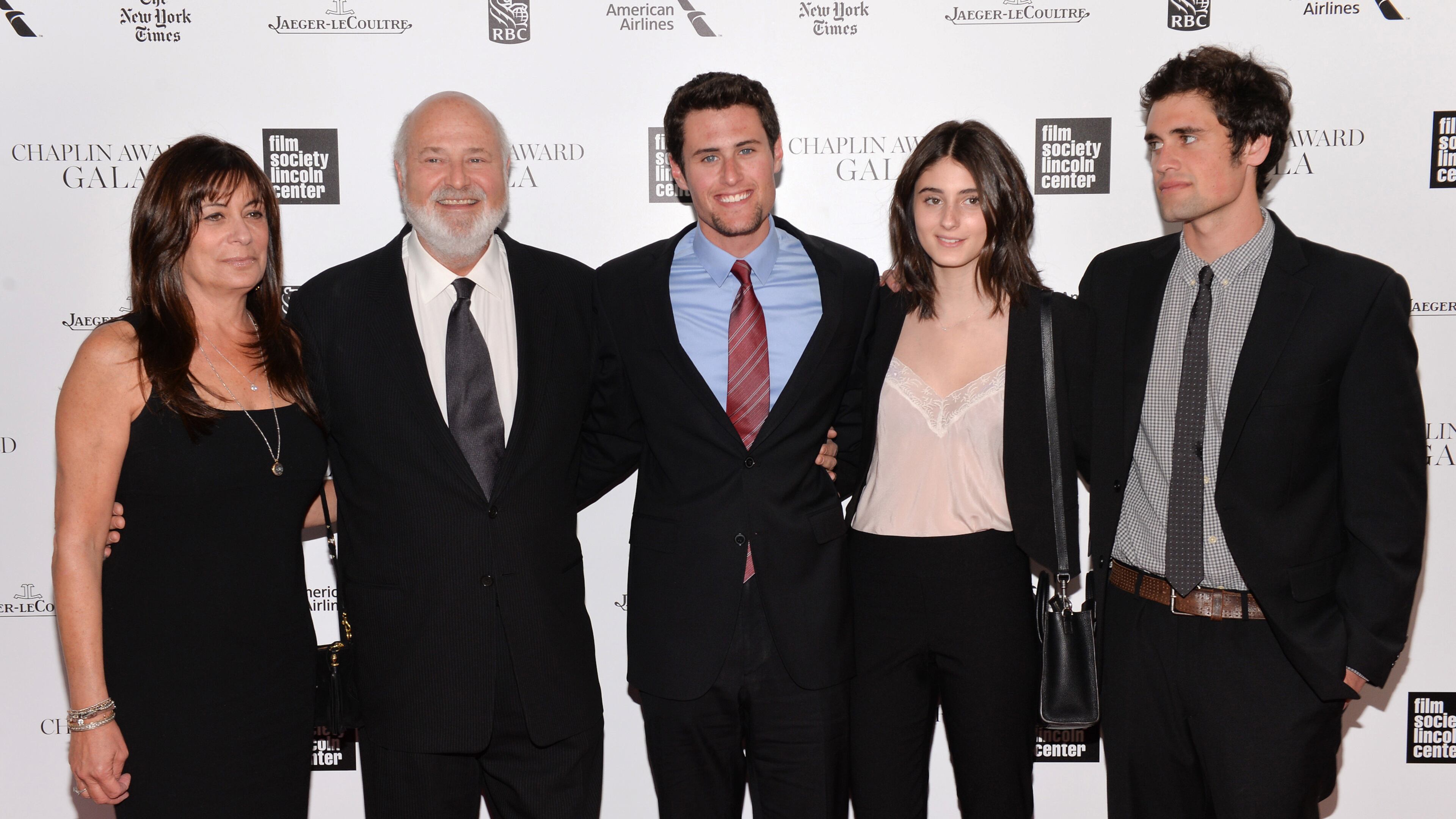 FILE - Honoree Rob Reiner, second left, poses with his wife Michele, left, and children Jake, center, Romy, and Nick at the 41st annual Chaplin Award Gala at Avery Fisher Hall, April 28, 2014, in New York. (Photo by Evan Agostini/Invision/AP, File)