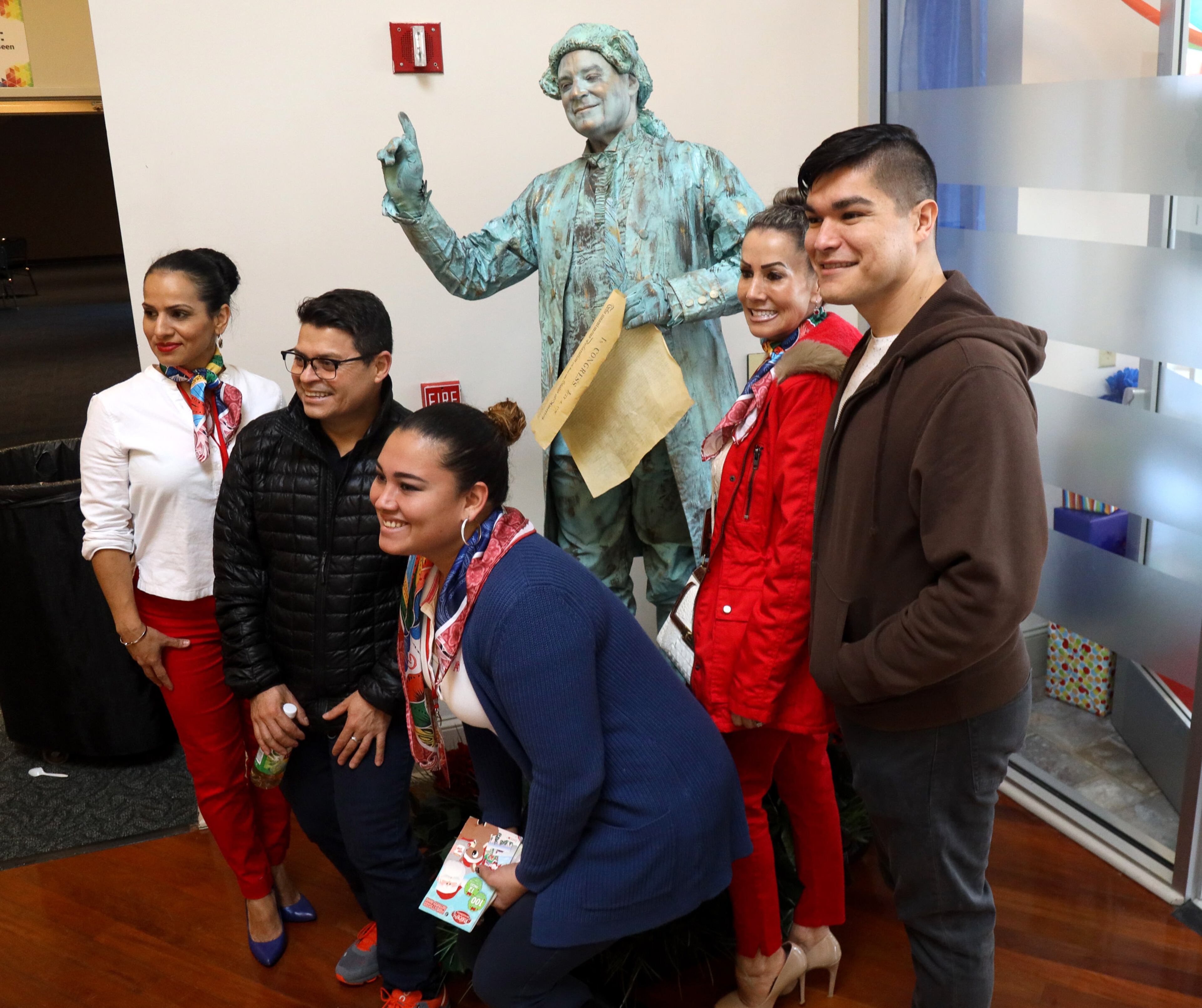 Bob Seymore, dressed as a statue of Button Gwinnett, poses for a photograph during Gwinnett's 200th Birthday Celebration Party at the Hudgens Center for Art and Learning, in Duluth on Saturday, December 15, 2018. STEVE SCHAEFER / SPECIAL TO THE AJC