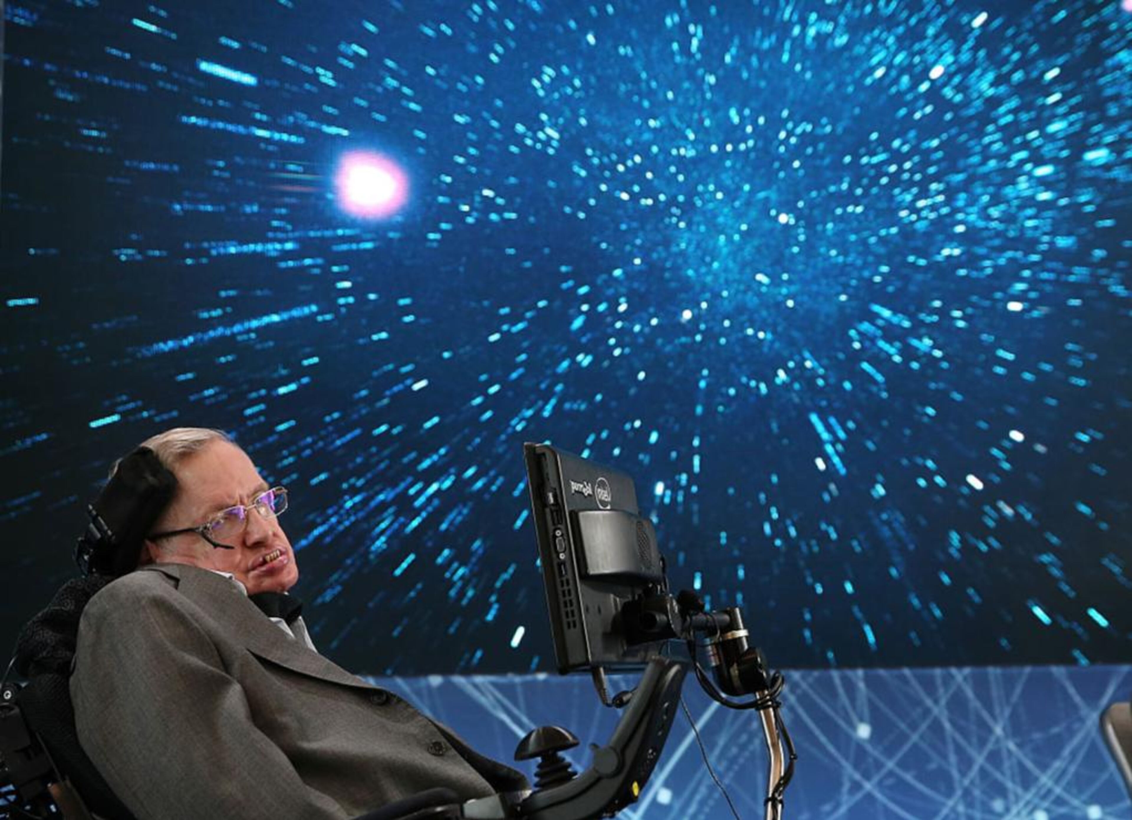 NEW YORK, NEW YORK - APRIL 12: Professor Stephen Hawking onstage during the New Space Exploration Initiative "Breakthrough Starshot" Announcement at One World Observatory on April 12, 2016 in New York City. (Photo by Jemal Countess/Getty Images)
