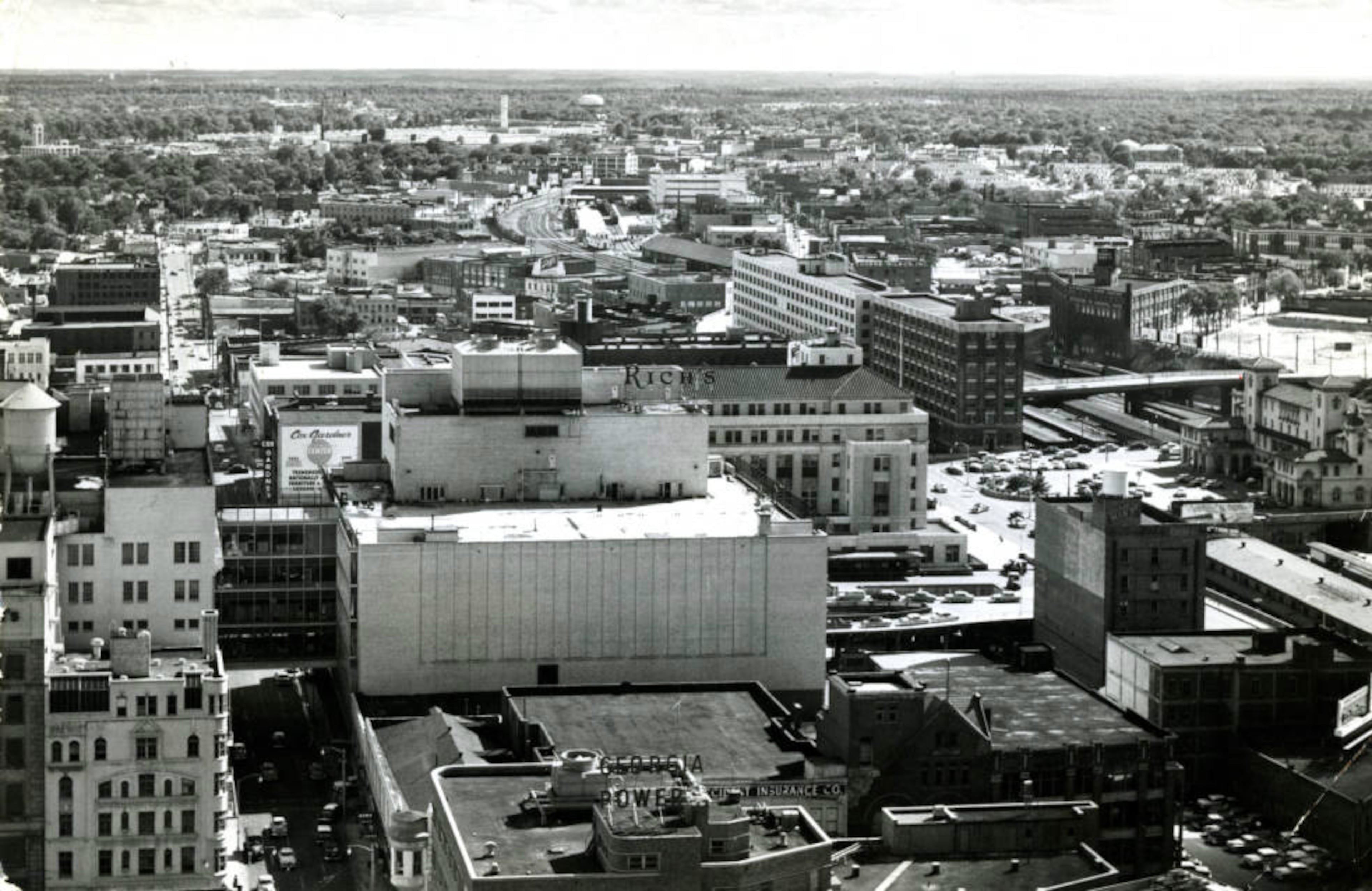 A view of Atlanta on June 19, 1955, looking south from the downtown business district. View includes Forsyth Street, which runs north to south on left, and Terminal Station, which is at the extreme right center of the photo.