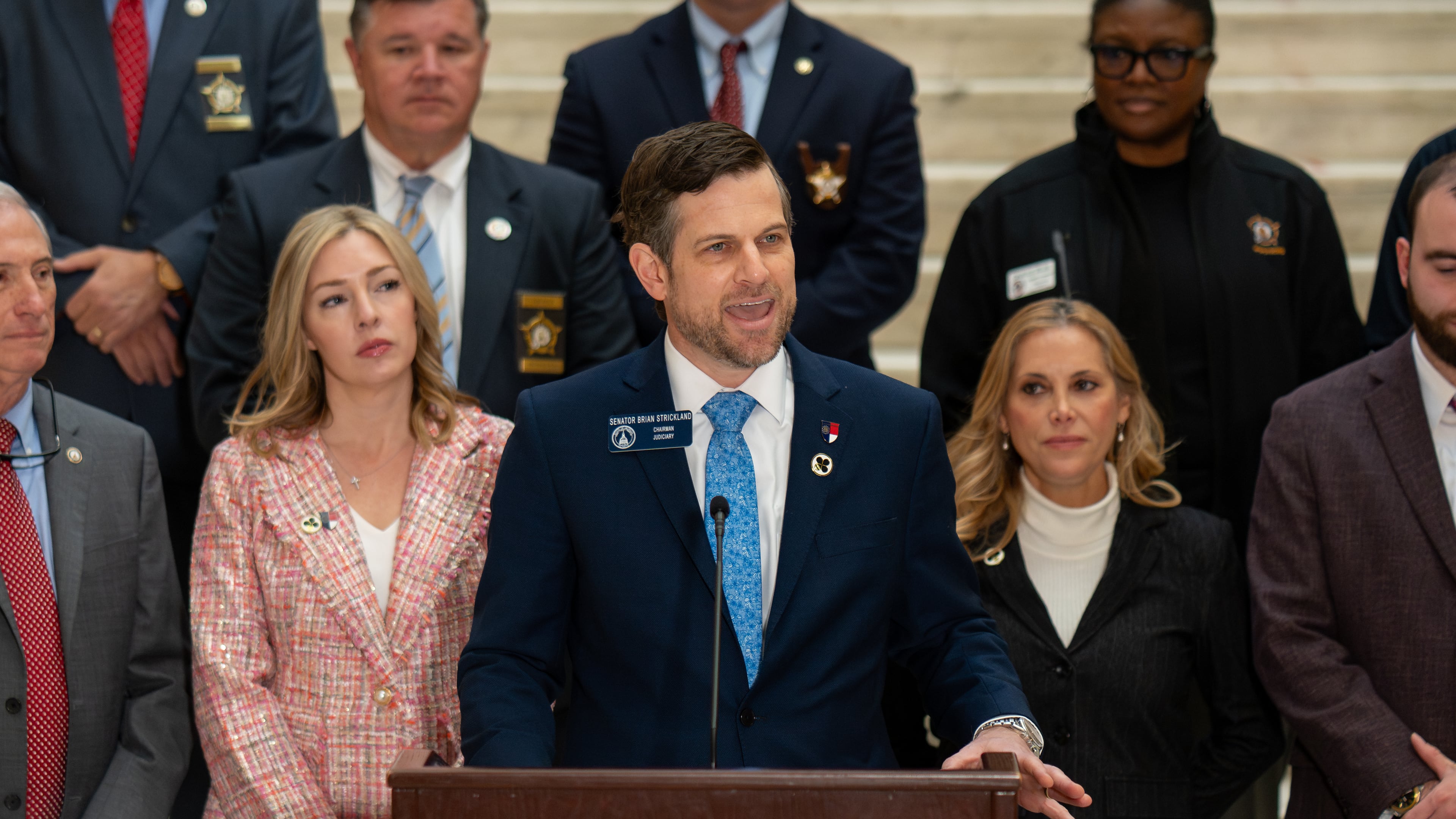 Sen. Brian Strickland advocates for Senate Bill 433, also known as Rio’s Law, Thursday, Jan 29, 2026. The bill would create specialty license plates and provide law enforcement with training focused on autism awareness. (Ben Hendren for the AJC)