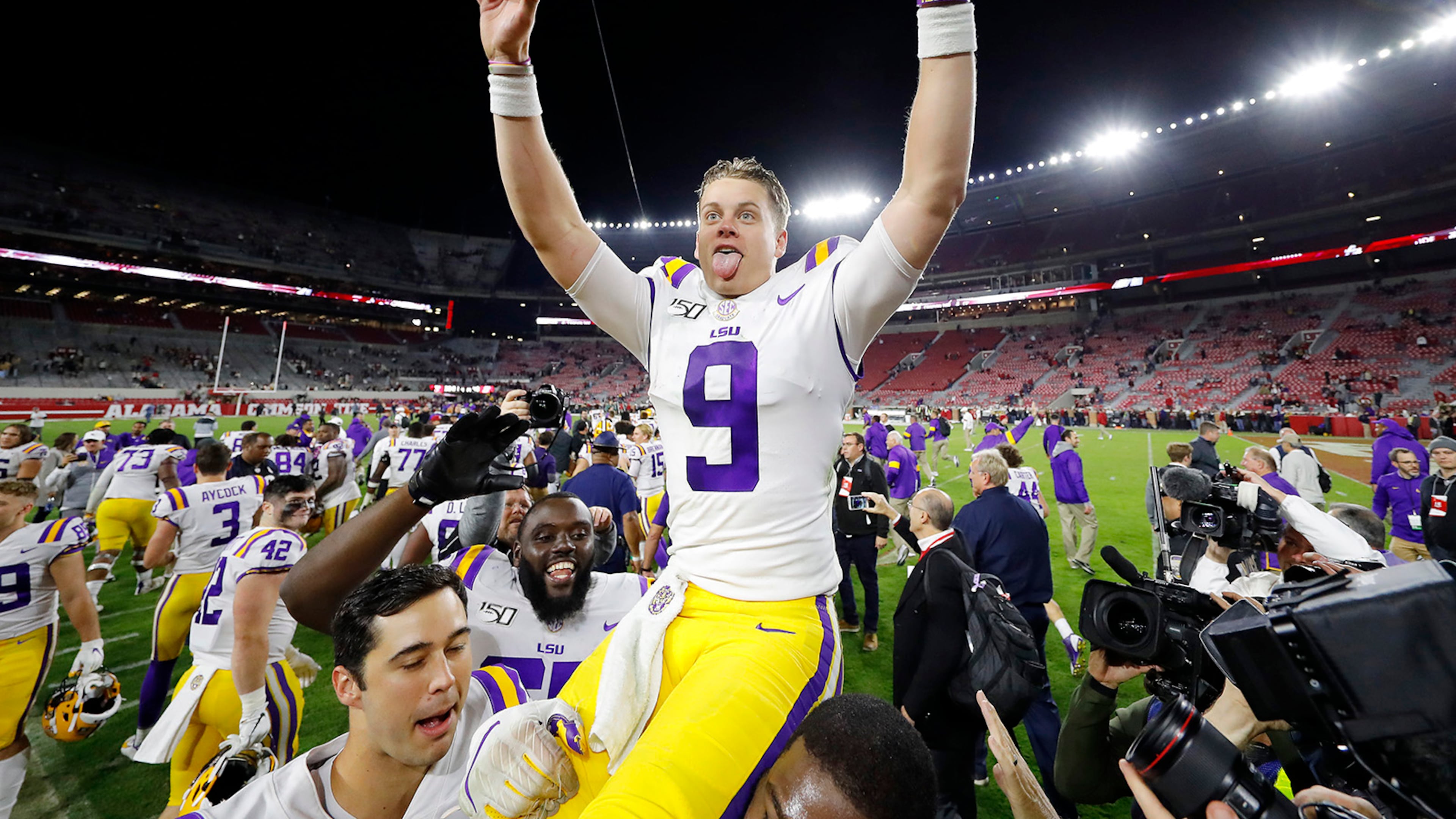 Joe Burrow #9 of the LSU Tigers celebrates defeating the Alabama Crimson Tide 46-41 at Bryant-Denny Stadium on Nov. 9, 2019 in Tuscaloosa, Ala. (Kevin C. Cox/Getty Images/TNS)