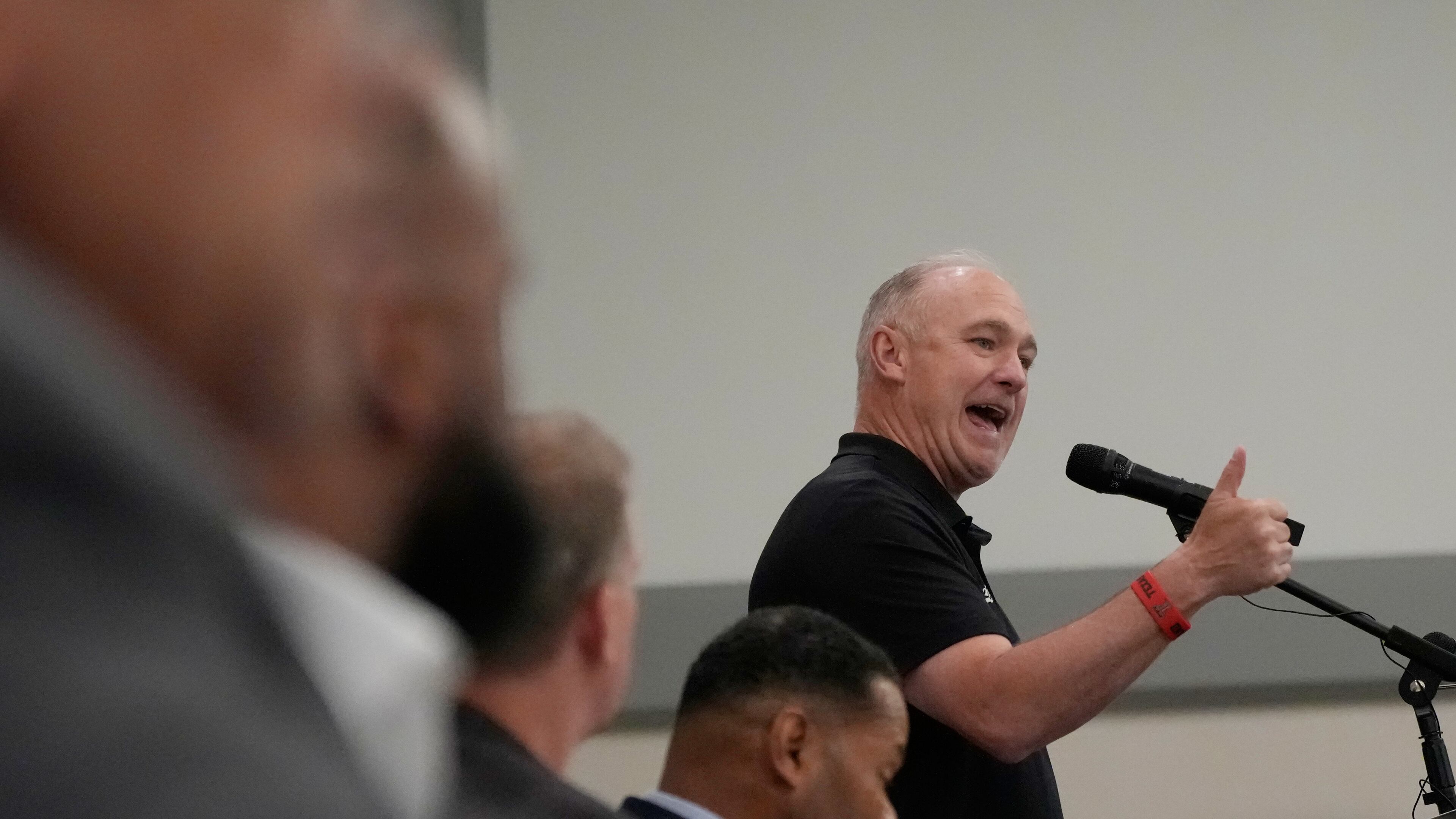 Texas Tech football coach Joey McGuire speaks during The Houston Touchdown Club luncheon, Wednesday, June 10, 2026, in Houston. (AP Photo/David J. Phillip)