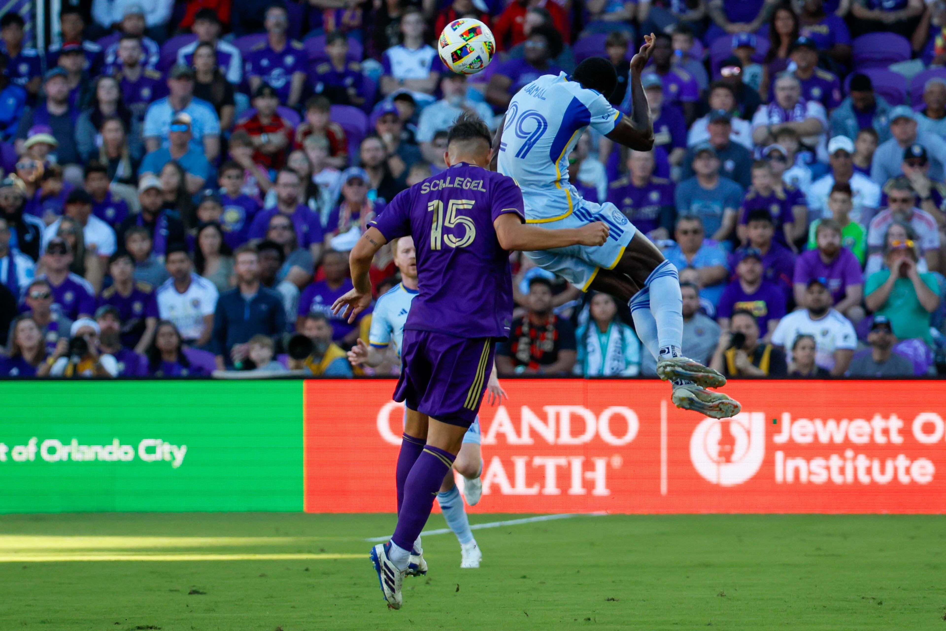 Atlanta United forward Jamal Thiaré (29) battles for possession against Orlando City defender Rodrigo Schlegel (15) during the first half in their MLS Eastern Conference semifinal playoff match on Sunday, Nov. 24, 2024, in Orlando.
(Miguel Martinez/ AJC)