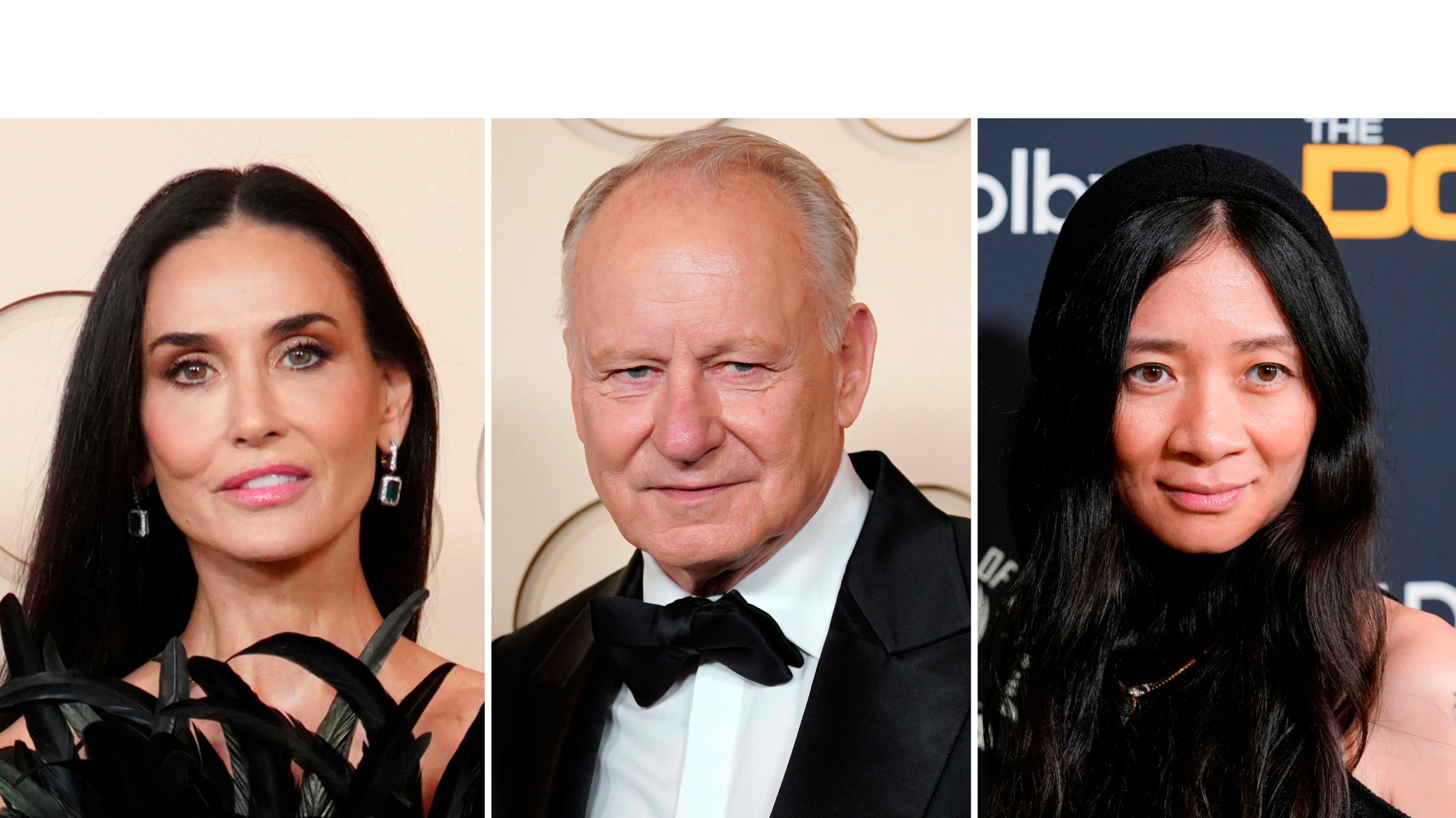 This combination of images show actor Demi Moore, left, actor Stellan Skarsgård, center, and filmmaker Chloé Zhao. (AP Photo)