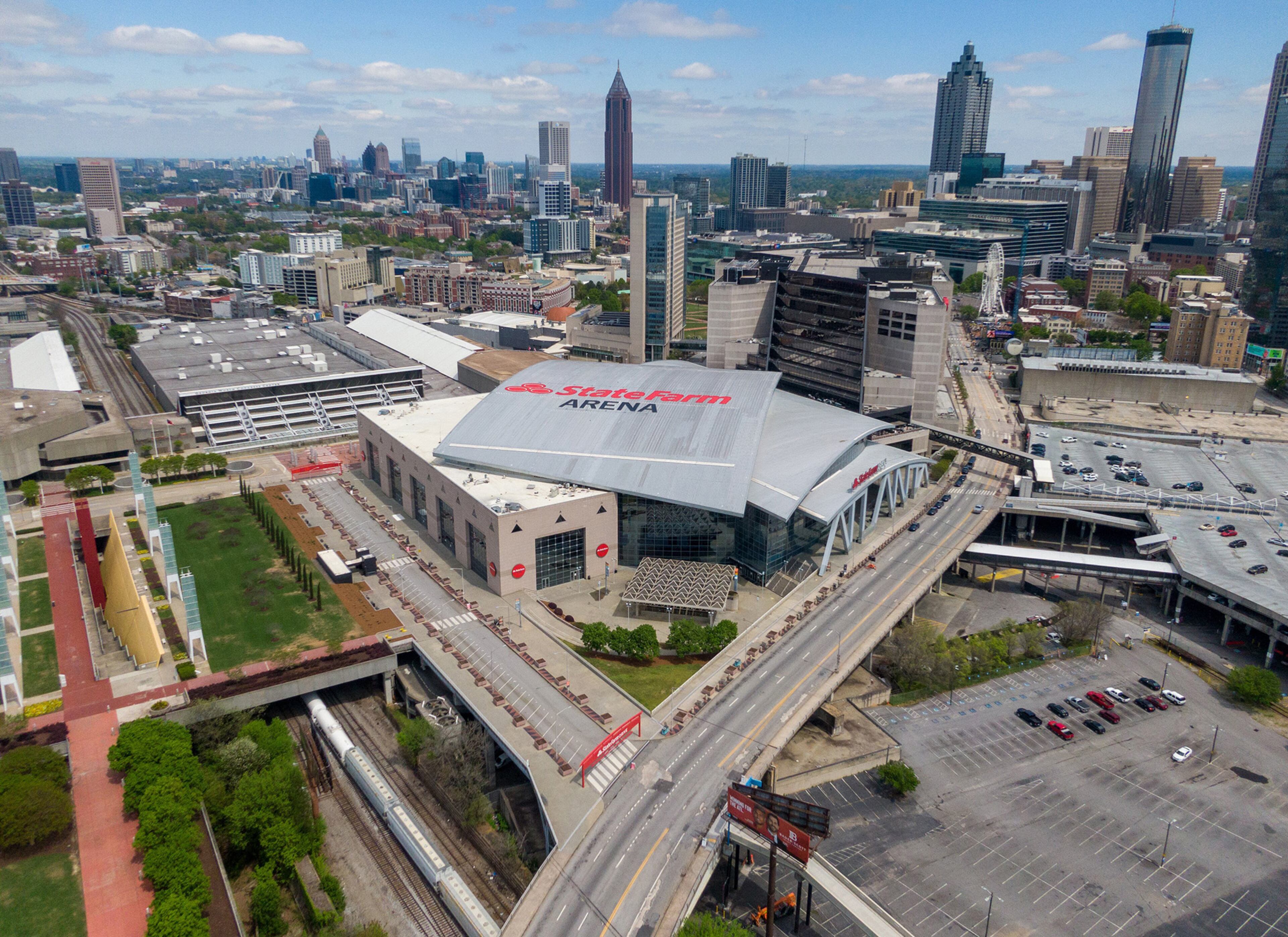 April 1, 2020 Atlanta - Aerial photo shows empty streets near State Farm Arena in downtown Atlanta around 2020 Final Four in Atlanta on Wednesday, April 1, 2020. The NCAA announced on March 12 it is canceling the 2020 men's and women's basketball championships and all other remaining winter and spring sports because of the coronavirus. Atlanta will have to wait until at least 2027 for another opportunity to host the Final Four, which is committed to other cities for the next six years. (Hyosub Shin / Hyosub.Shin@ajc.com)