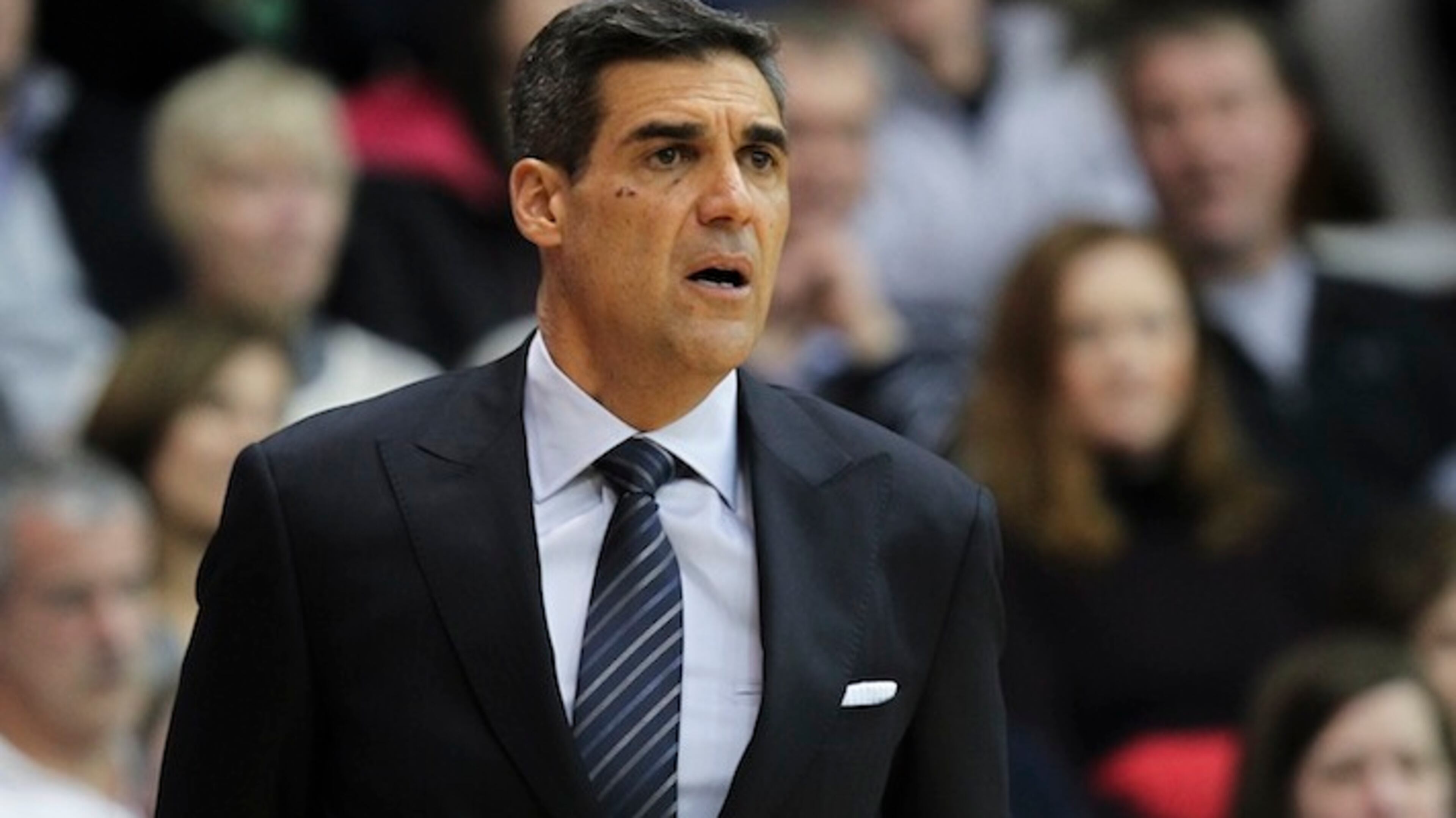 Villanova head coach Jay Wright watches from the bench during an NCAA college basketball game against Creighton, Wednesday, Feb. 3, 2016, in Villanova, Pa. (AP Photo/Laurence Kesterson)