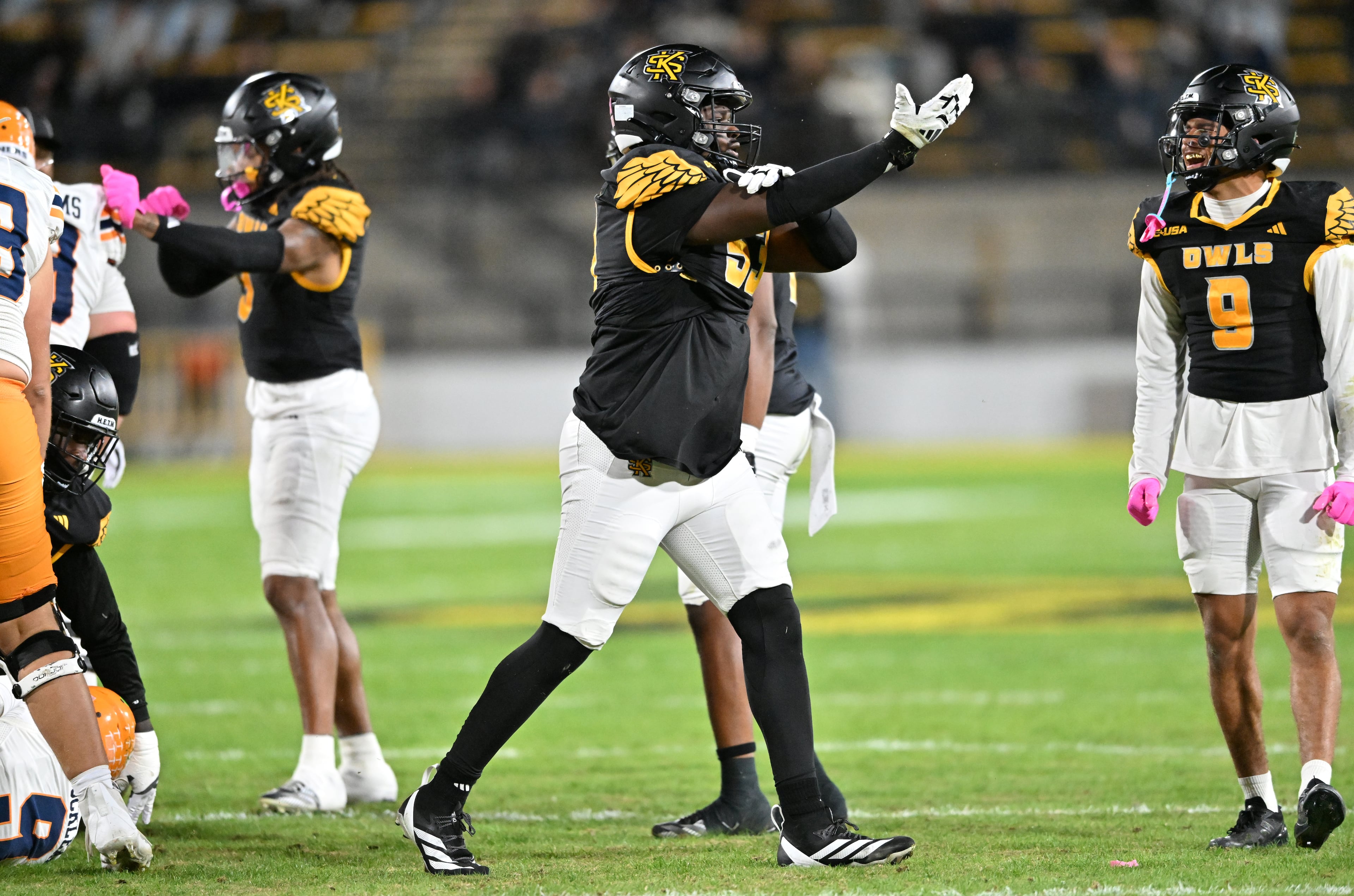 Kennesaw State defensive lineman AJ Miller (53) reacts after sacking UTEP quarterback Skyler Locklear during the first half in an NCAA college football game at Fifth Third Stadium, Tuesday, October 28, 2025 in Kennesaw. (Hyosub Shin / AJC)