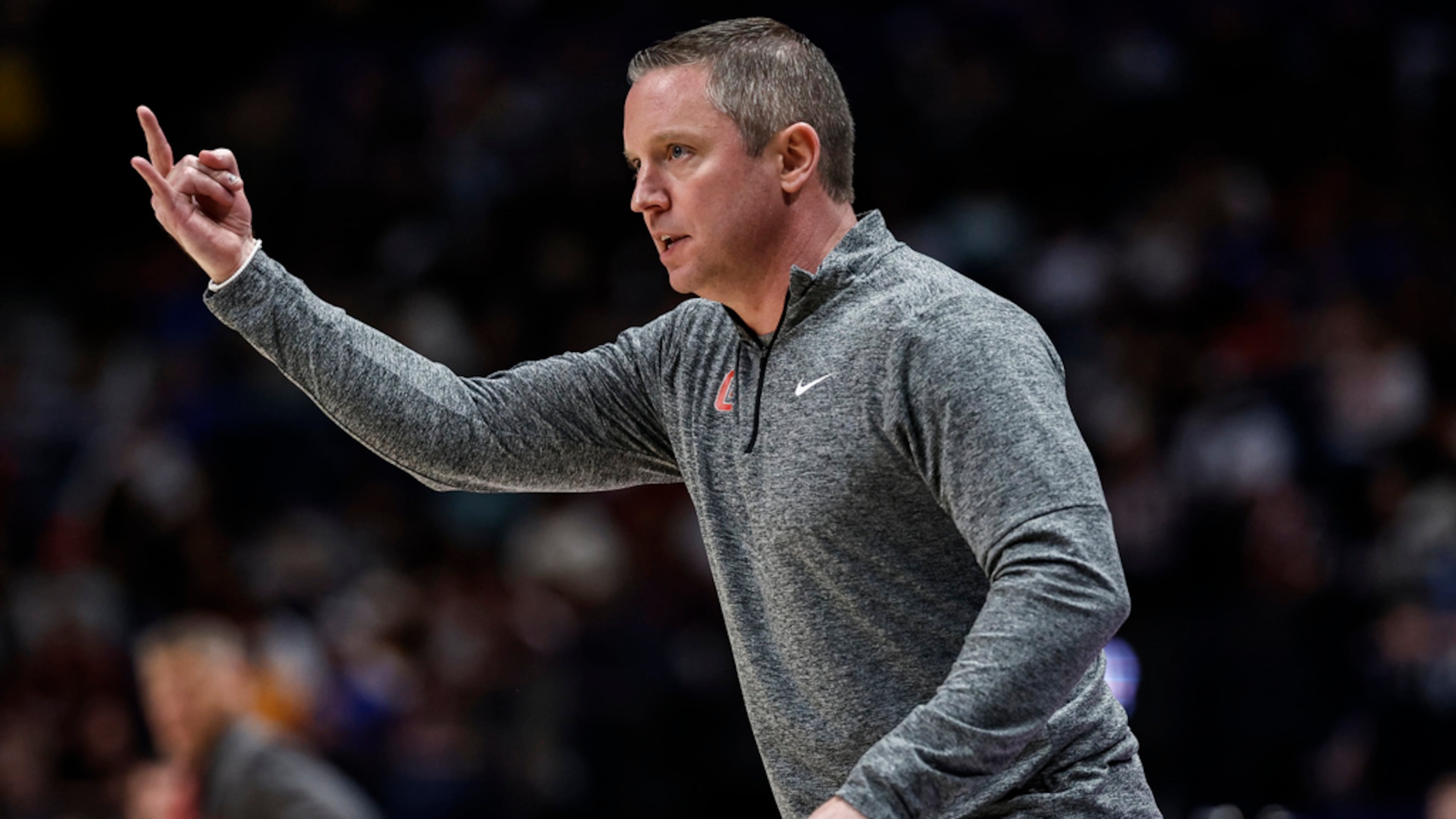 Georgia head coach Mike White speaks during the first half of an NCAA college basketball game at the Southeastern Conference tournament against Oklahoma, Wednesday, March 12, 2025, in Nashville, Tenn. (AP Photo/Wade Payne)