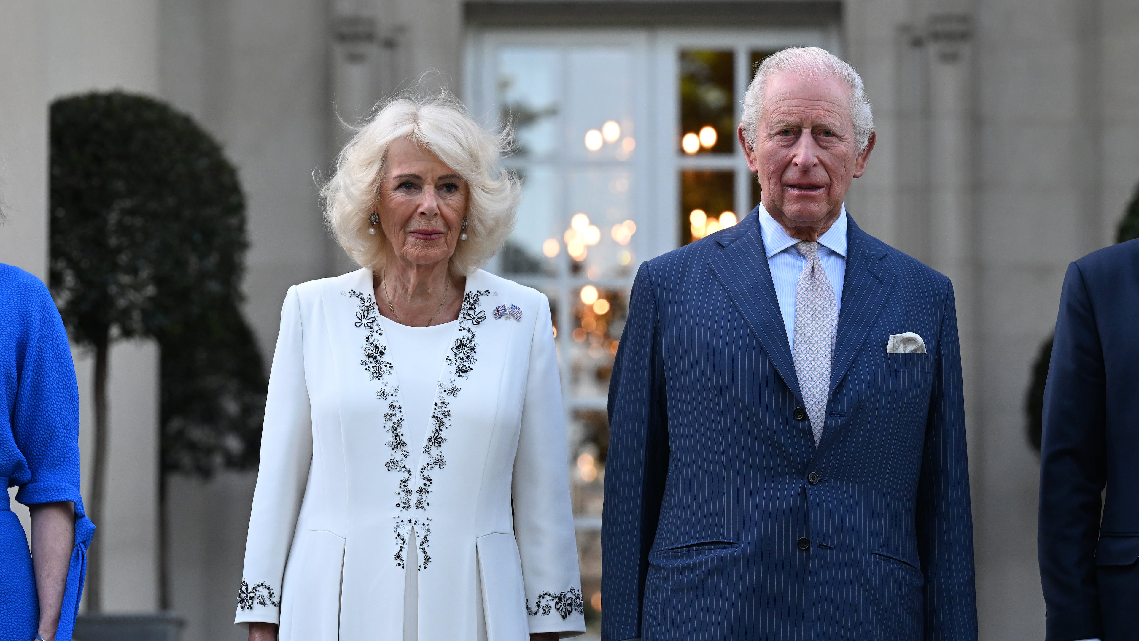 Britain's King Charles III and Queen Camilla arrive at a garden party at the British Embassy, Monday, April 27, 2026, in Washington. (Roberto Schmidt/Pool via AP)
