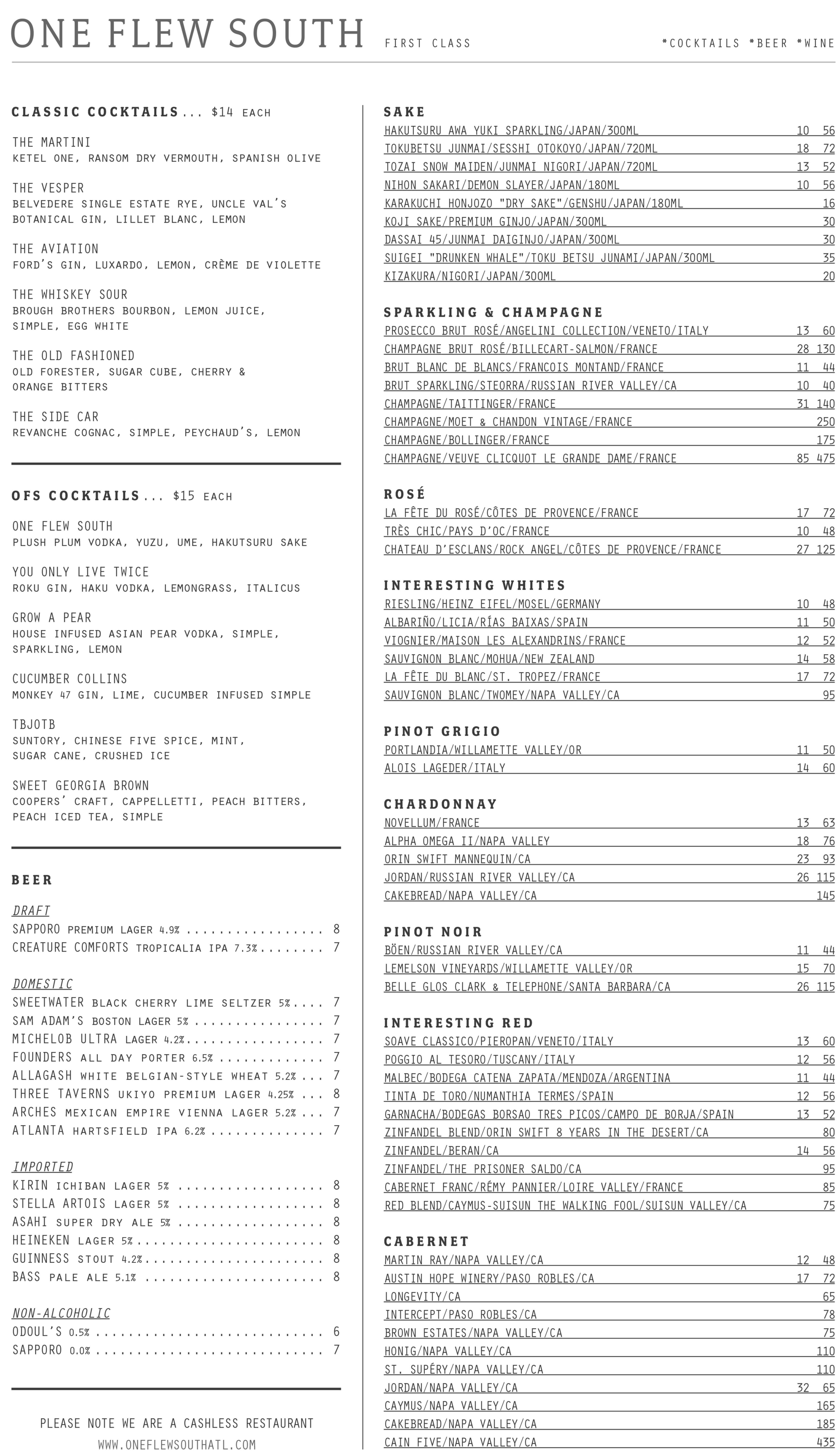 Menu for One Flew South