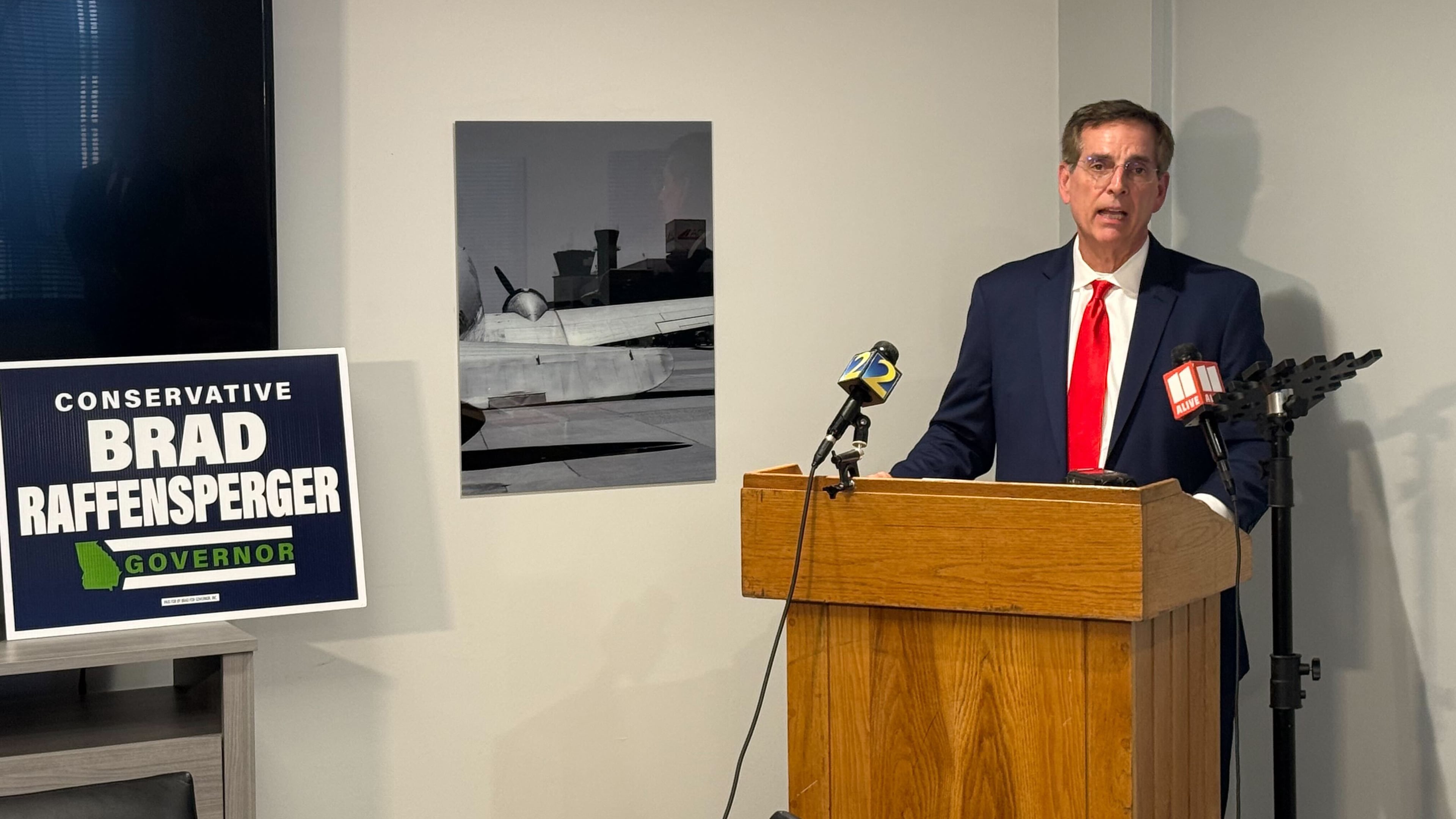 Secretary of State Brad Raffensperger details what he says was an "active threat" against him during a stop at Peachtree-DeKalb Airport on Tuesday. (Greg Bluestein/AJC)