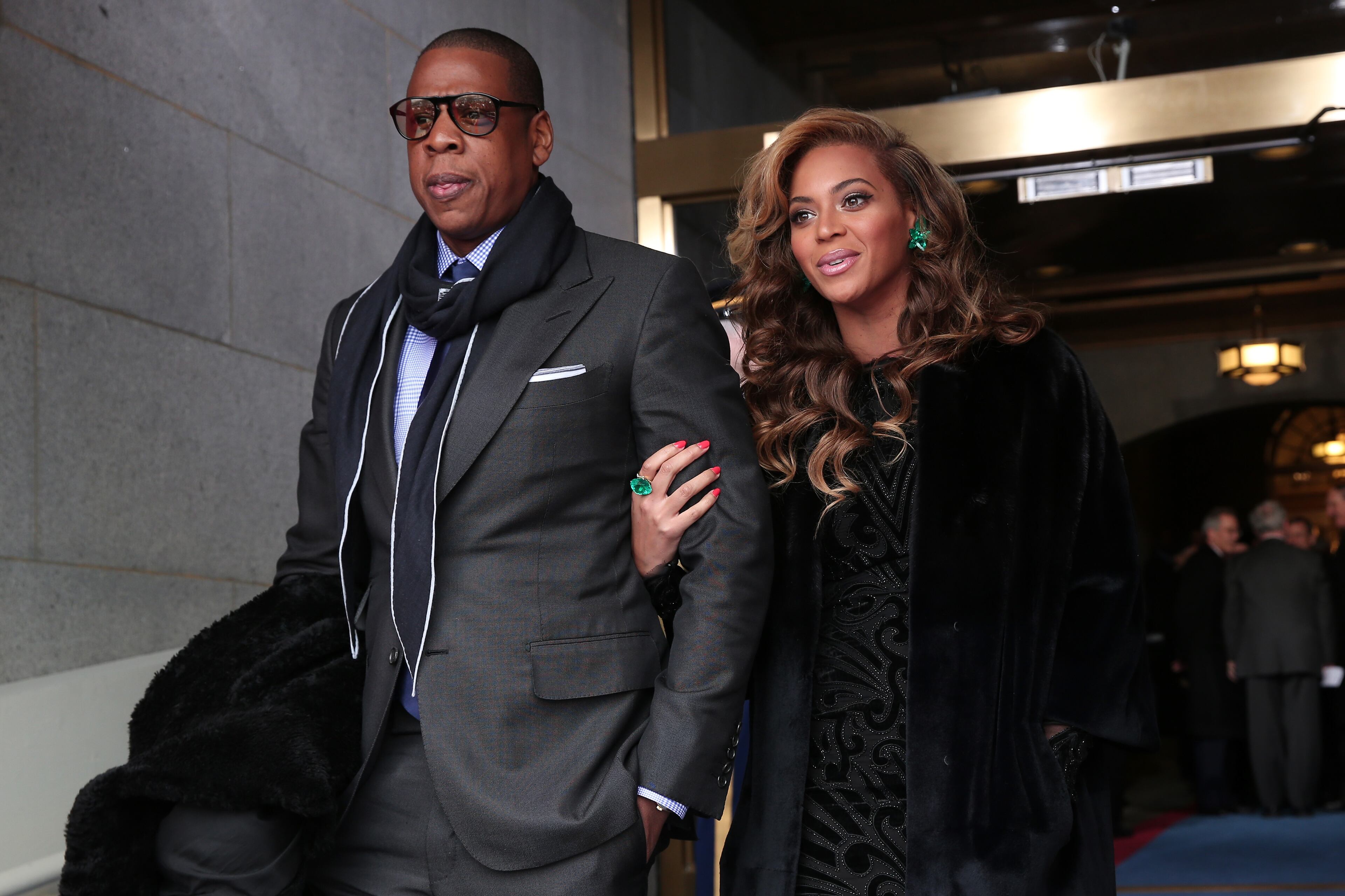 Jay Z and Beyonce arrive at the presidential inauguration on the West Front of the U.S. Capitol on Jan. 21, 2013, in Washington, D.C.