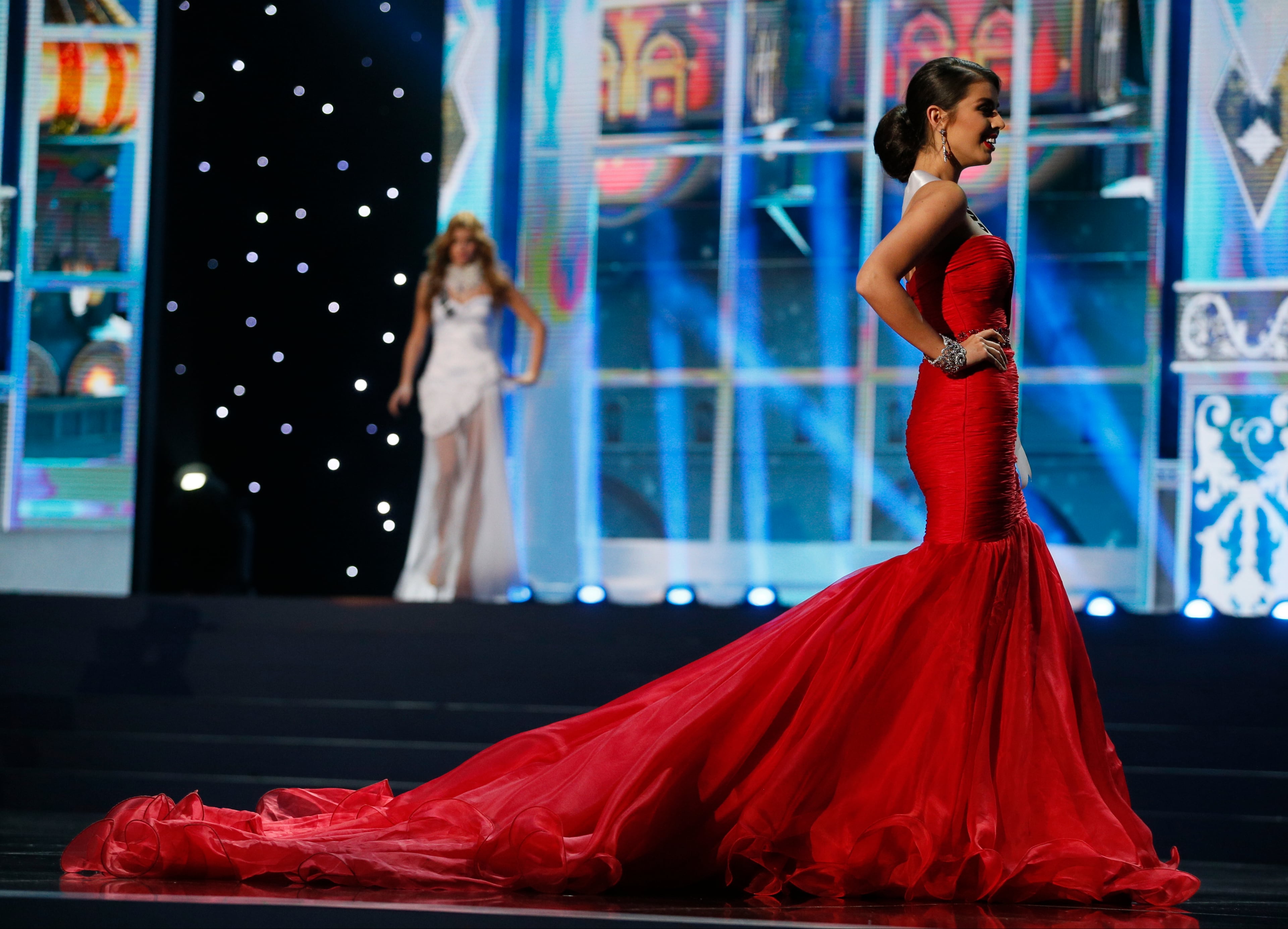 Miss Russia Elmira Abdrazakova presents herself during the preliminary competition of the 2013 Miss Universe pageant in Moscow, Russia, on Tuesday, Nov. 5, 2013. Beauties will compete for the title of Miss Universe in Moscow on Nov. 9.
