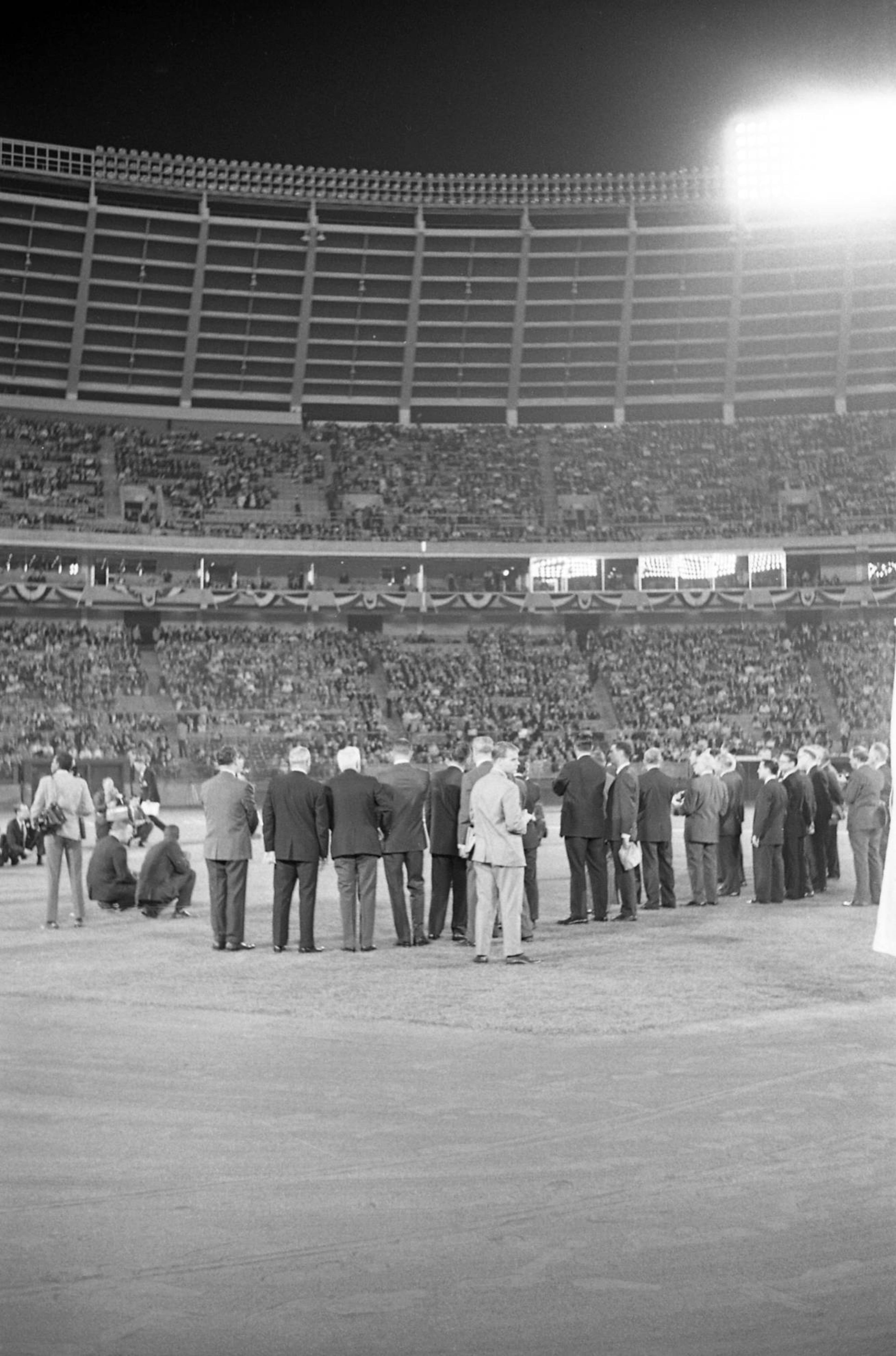Pre-game ceremonies take place on the field at Atlanta Stadium. AJC file photo