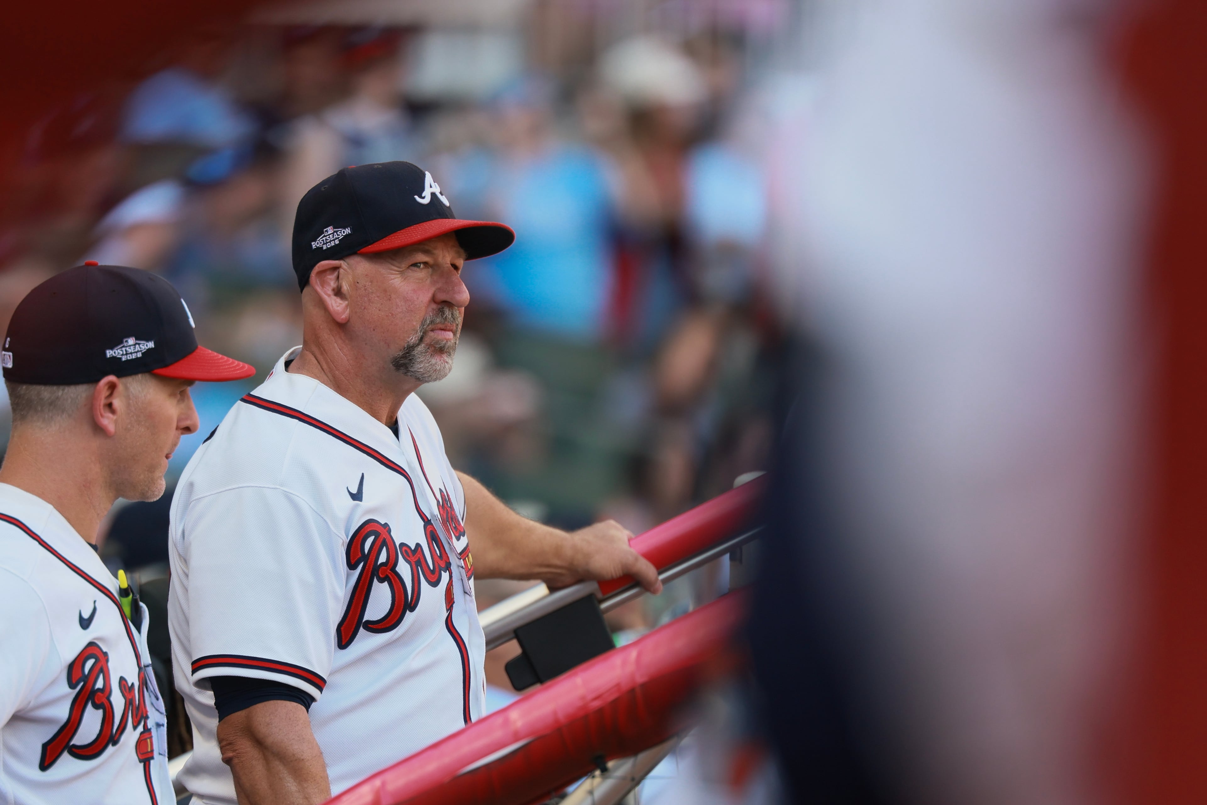 Atlanta Braves manager Walt Weiss in the dugout during the eighth inning of Game 1 of a MLB National League Wild Card playoff series between the Atlanta Braves and the Philadelphia Phillies, Tuesday, Sept. 29, 2026, in Atlanta. (Jason Getz/AJC)
