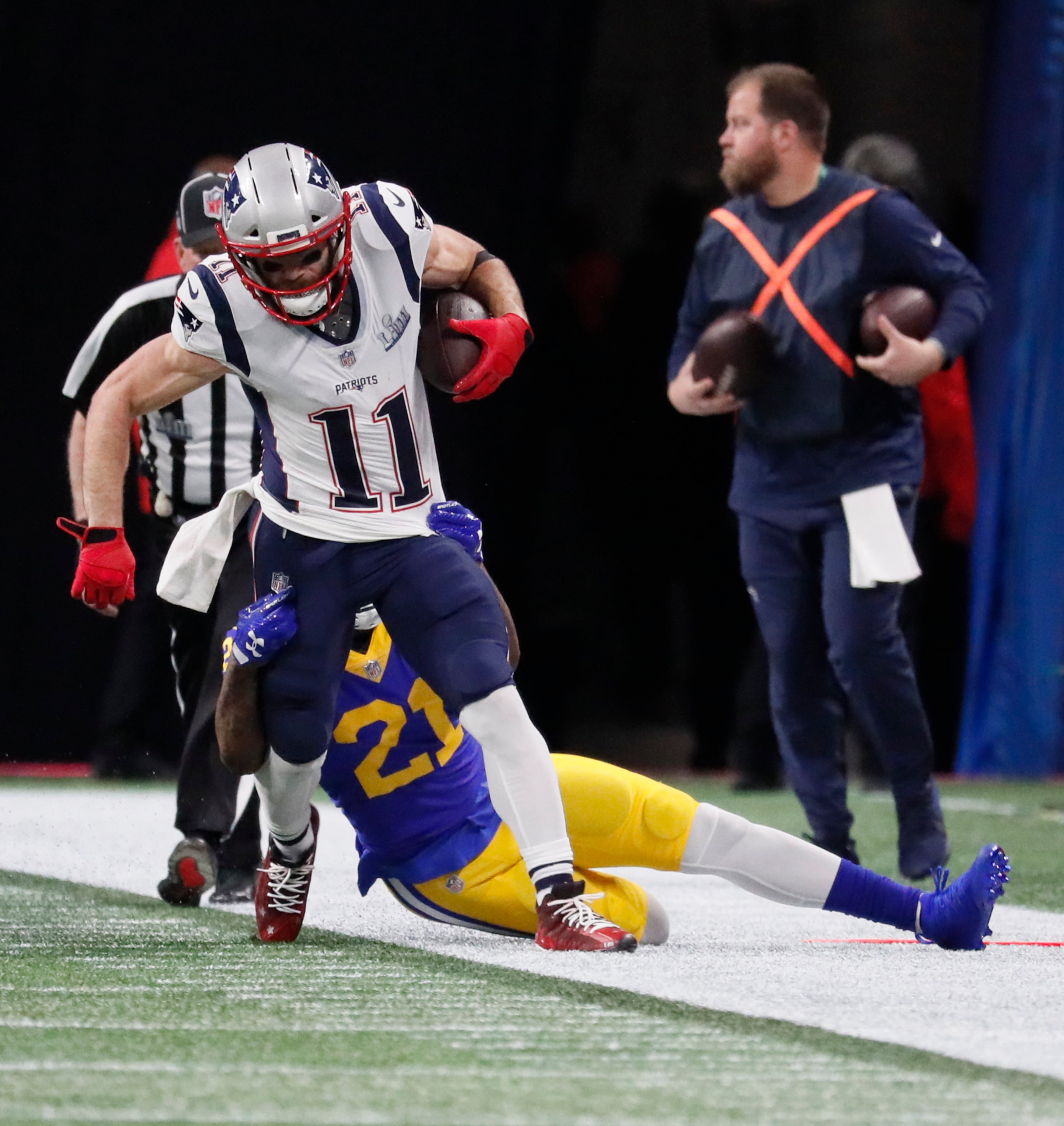 Julian Edelman had 10 receptions for 141 yards in the victory over the Rams. (Bob Andres/bandres@ajc.com)