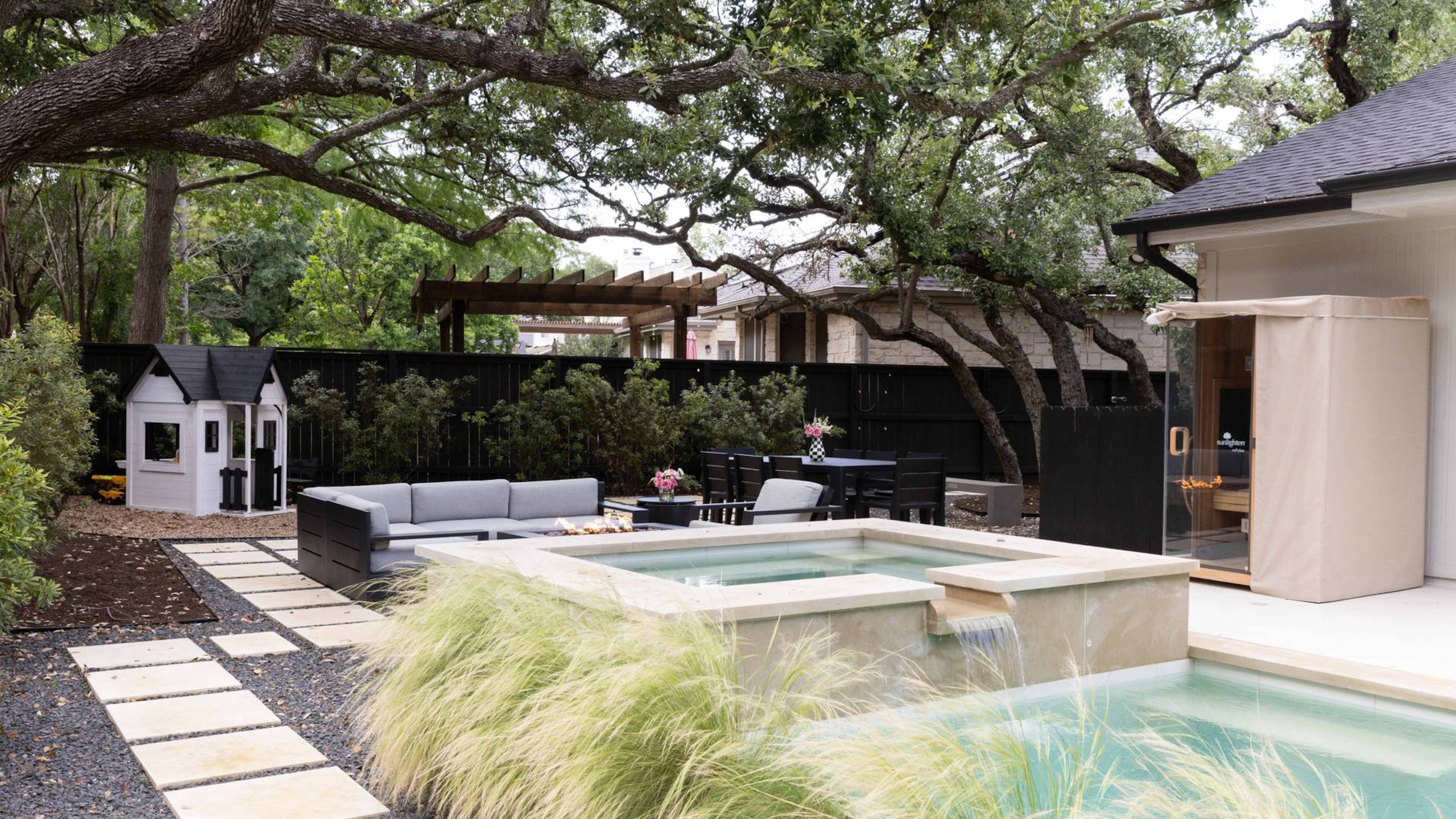 More homeowners are creating wellness areas in their backyards, said Yardzen CEO Allison Messner. This yard features a sauna, a narrow plunge pool and a hot tub, all in a relatively compact space. Photo: Courtesy of Nicole Mlakar for Yardzen