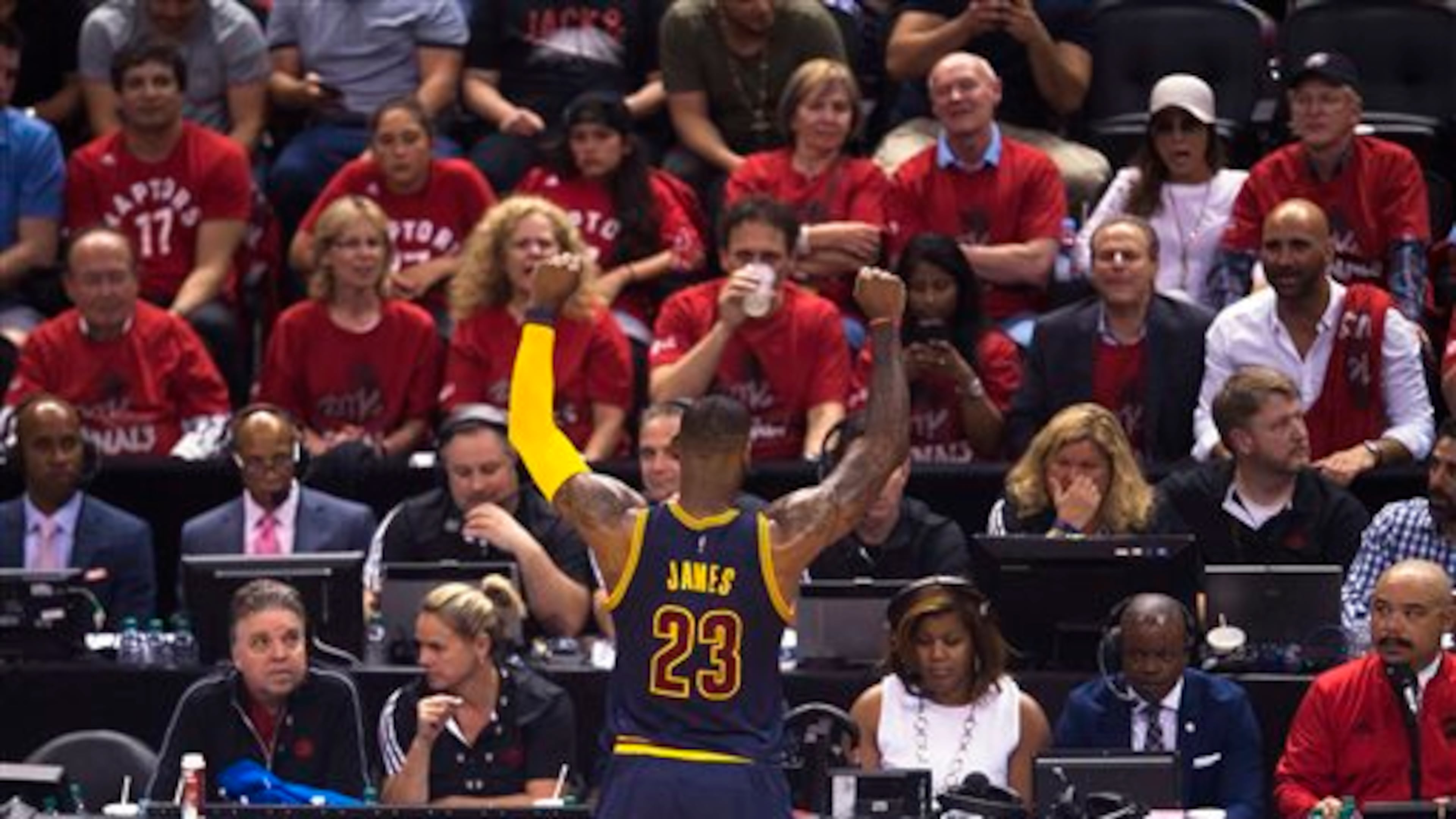 Cleveland Cavaliers forward LeBron James reacts to the crowd during the second half of Game 6 against the Toronto Raptors in the NBA basketball Eastern Conference finals, Friday, May 27, 2016, in Toronto. The Cavaliers won 113-87 and advanced to the NBA Finals. (Nathan Denette/The Canadian Press via AP)