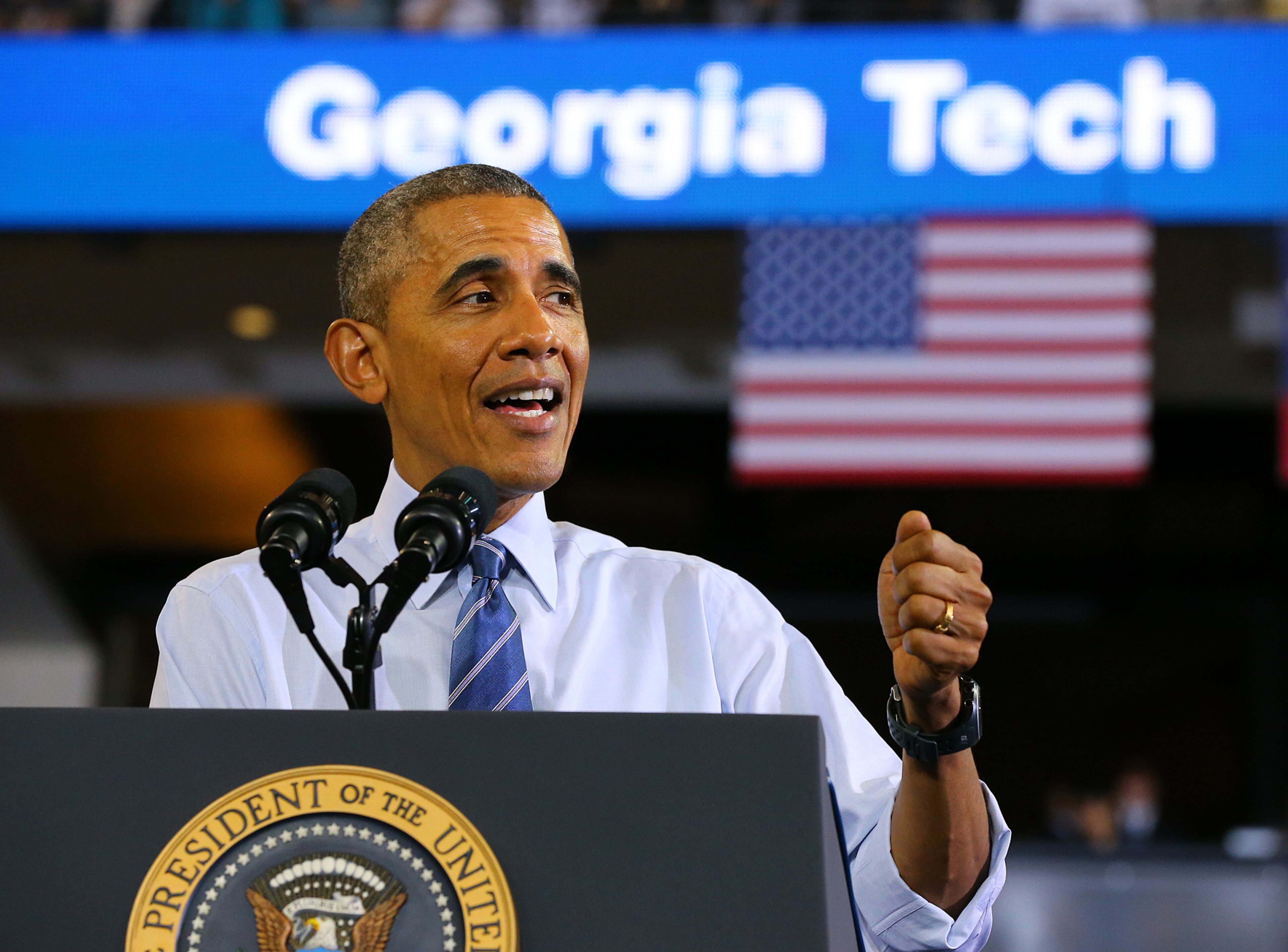 President Barack Obama addresses the crowd at McCamish Pavillion on college affordability and access to quality higher education at Georgia Tech on Tuesday, March 10, 2015, in Atlanta. Curtis Compton / ccompton@ajc.com