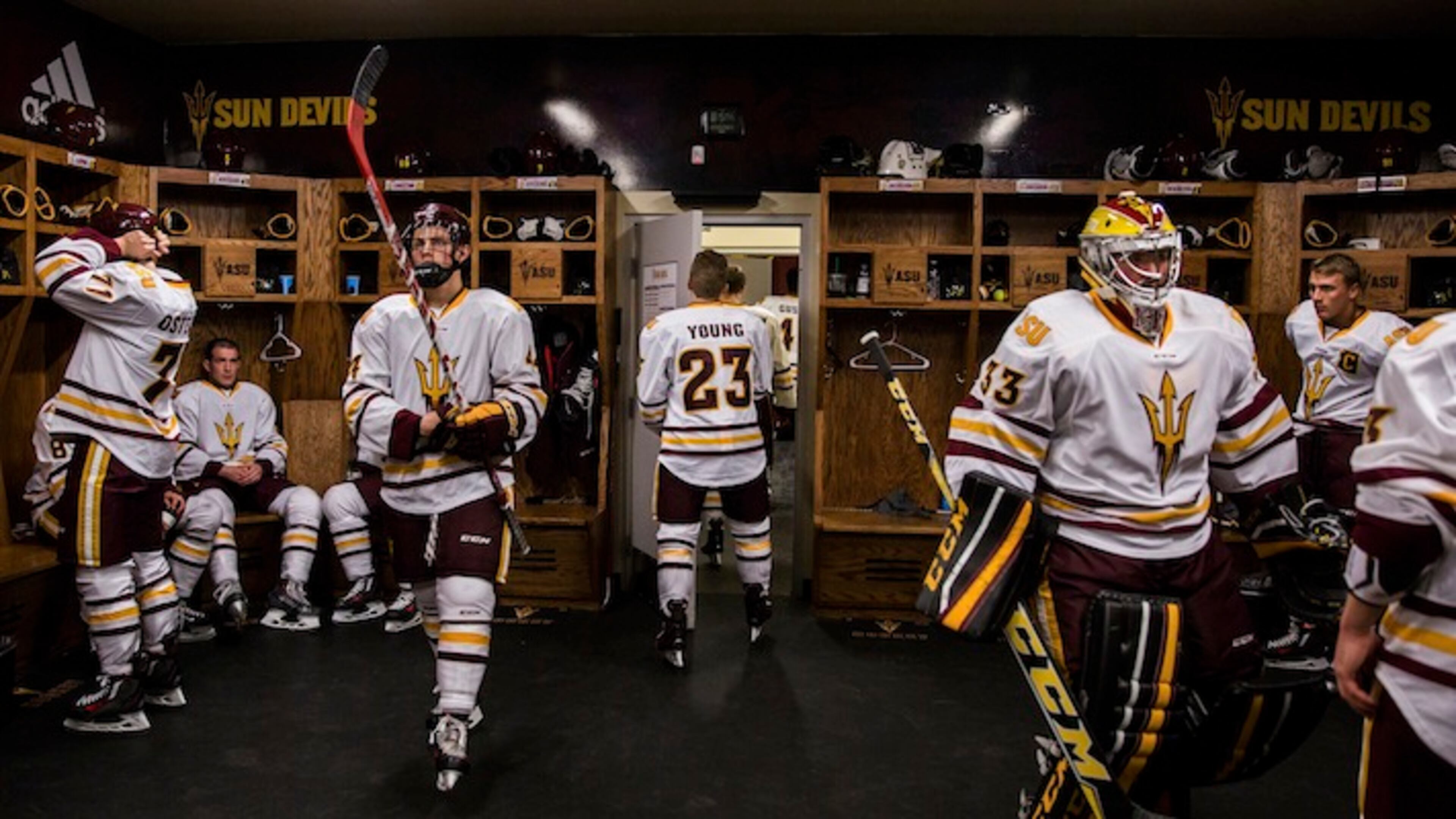Arizona State hockey players prepare for a home game against Southern New Hampshire at Oceanside Ice Arena in Tempe, Ariz., Oct. 23, 2015. The Sun Devils, one of two teams at the top level of collegiate hockey in the southern United States, is accumulating experience and a lot of travel miles. (Deanna Alejandra Dent/The New York Times)
