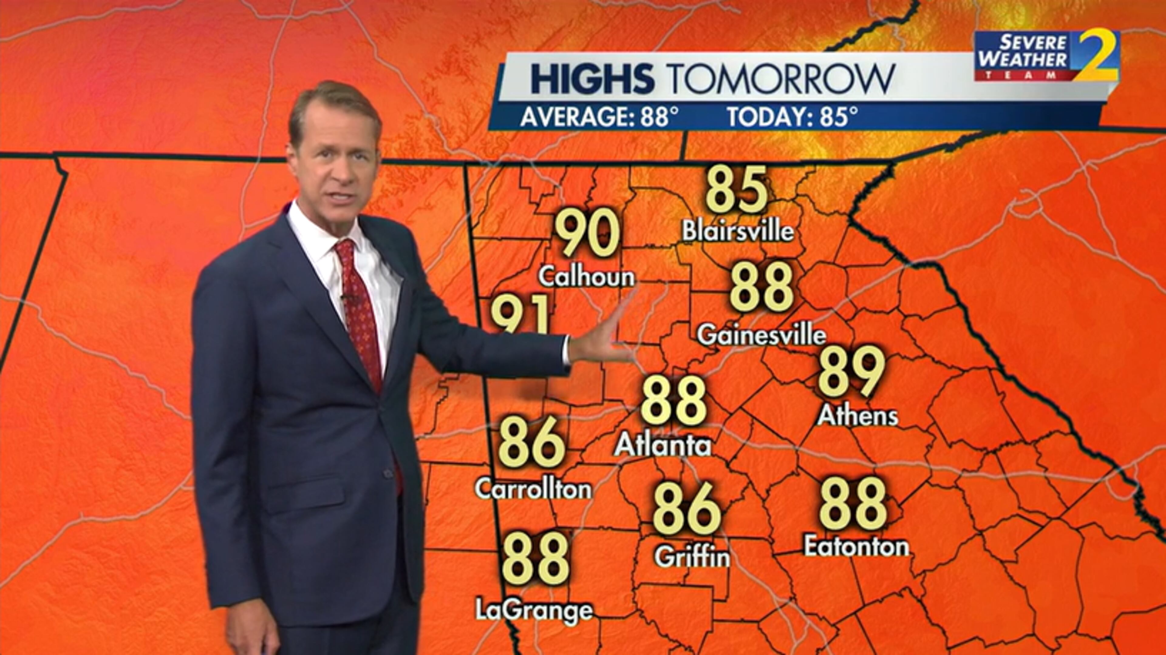 Channel 2 Action News meteorologist Brad Nitz predicts highs in the high 80s to low 90s across North Georgia to start the weekend Saturday.