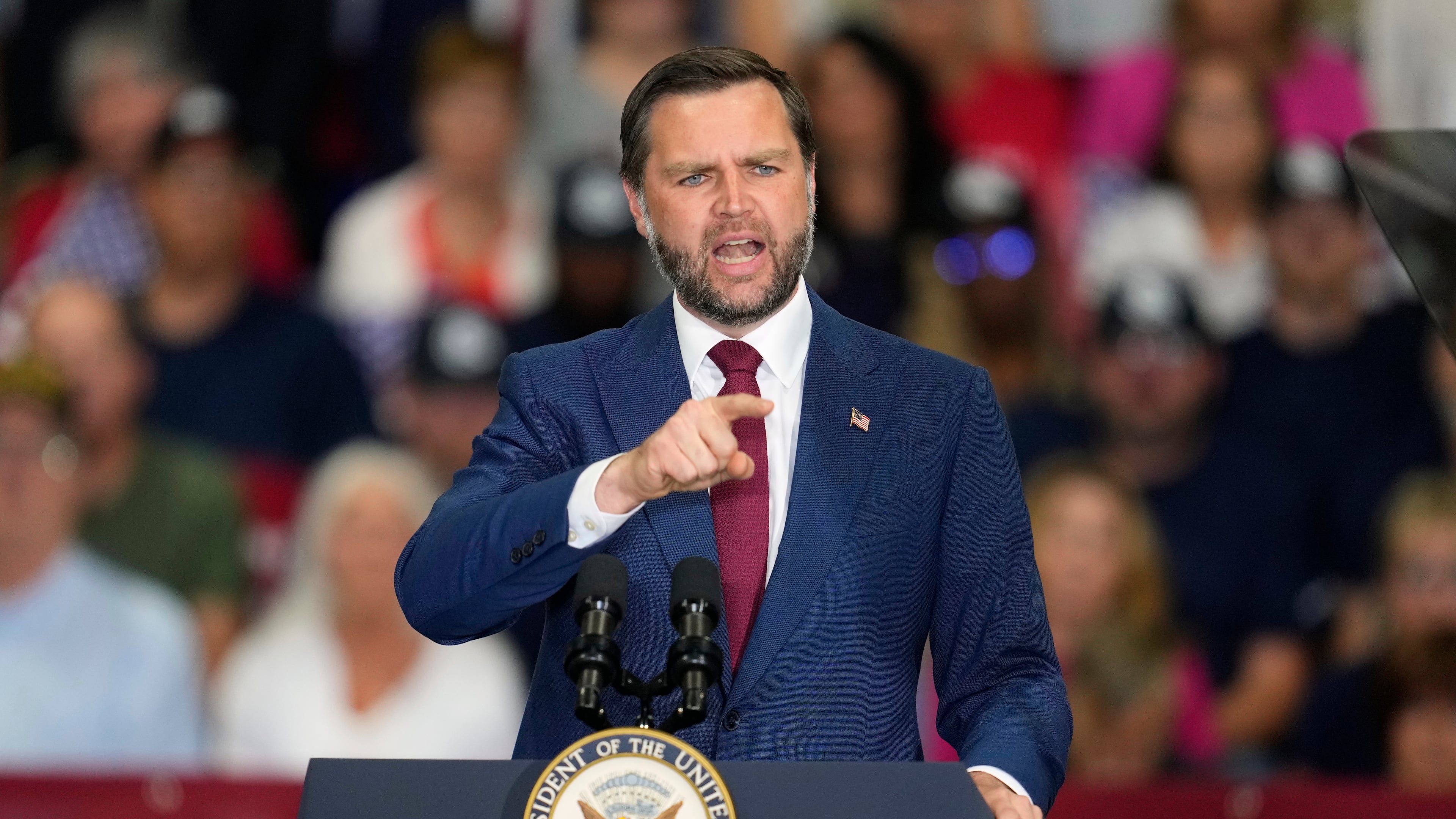 Vice President JD Vance speaks at Universal Contracting and Urban Tree Trimming, Monday, Aug. 31, 2026, in Sterling Heights, Mich. (AP Photo/Paul Sancya)