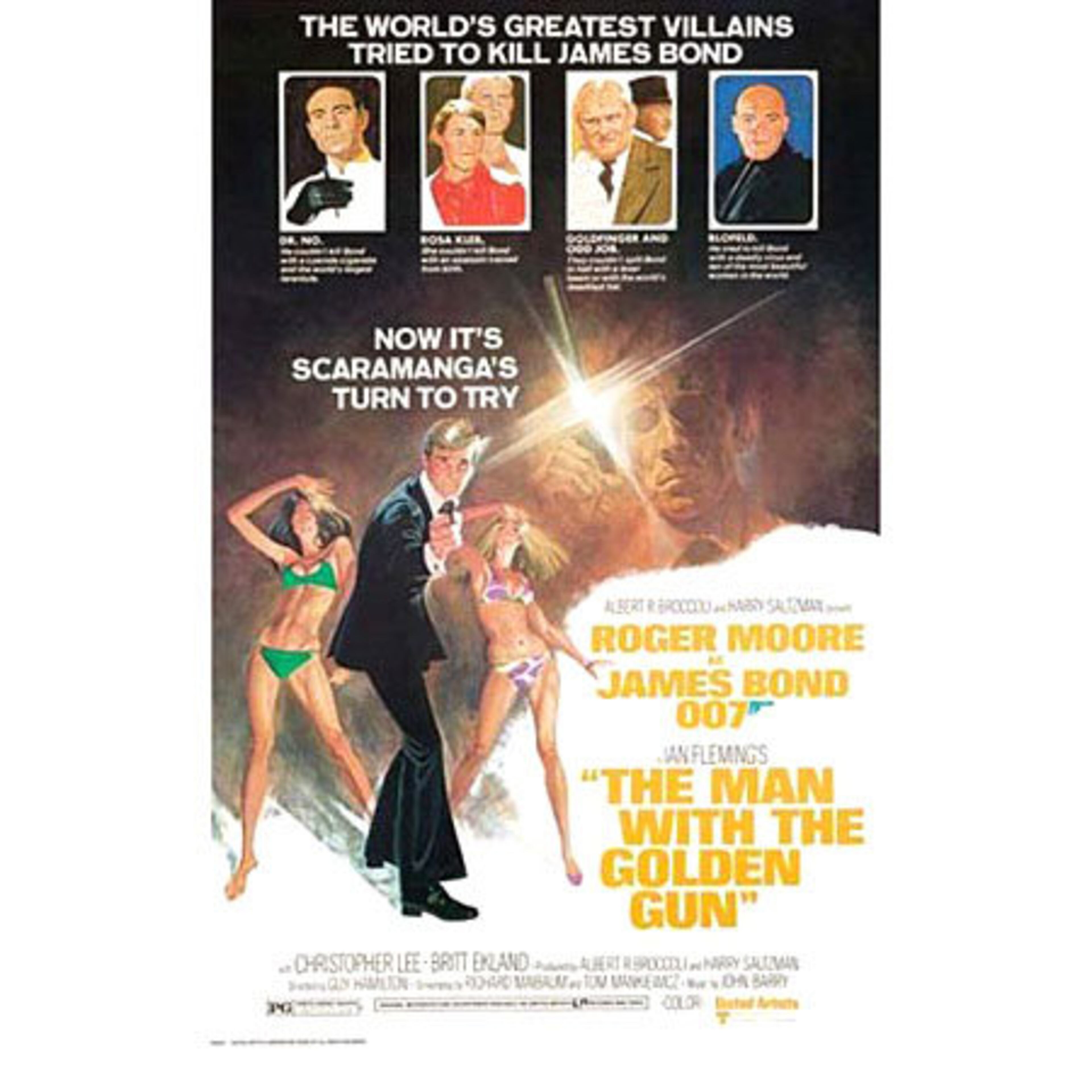 'THE MAN WITH THE GOLDEN GUN,' 1974: Again with Moore and a little more humor. Christopher Lee played Scaramanga, a classic baddie (and the title character) but the hunt for the Solex Agitator, which harnesses the sun, is ridiculous.