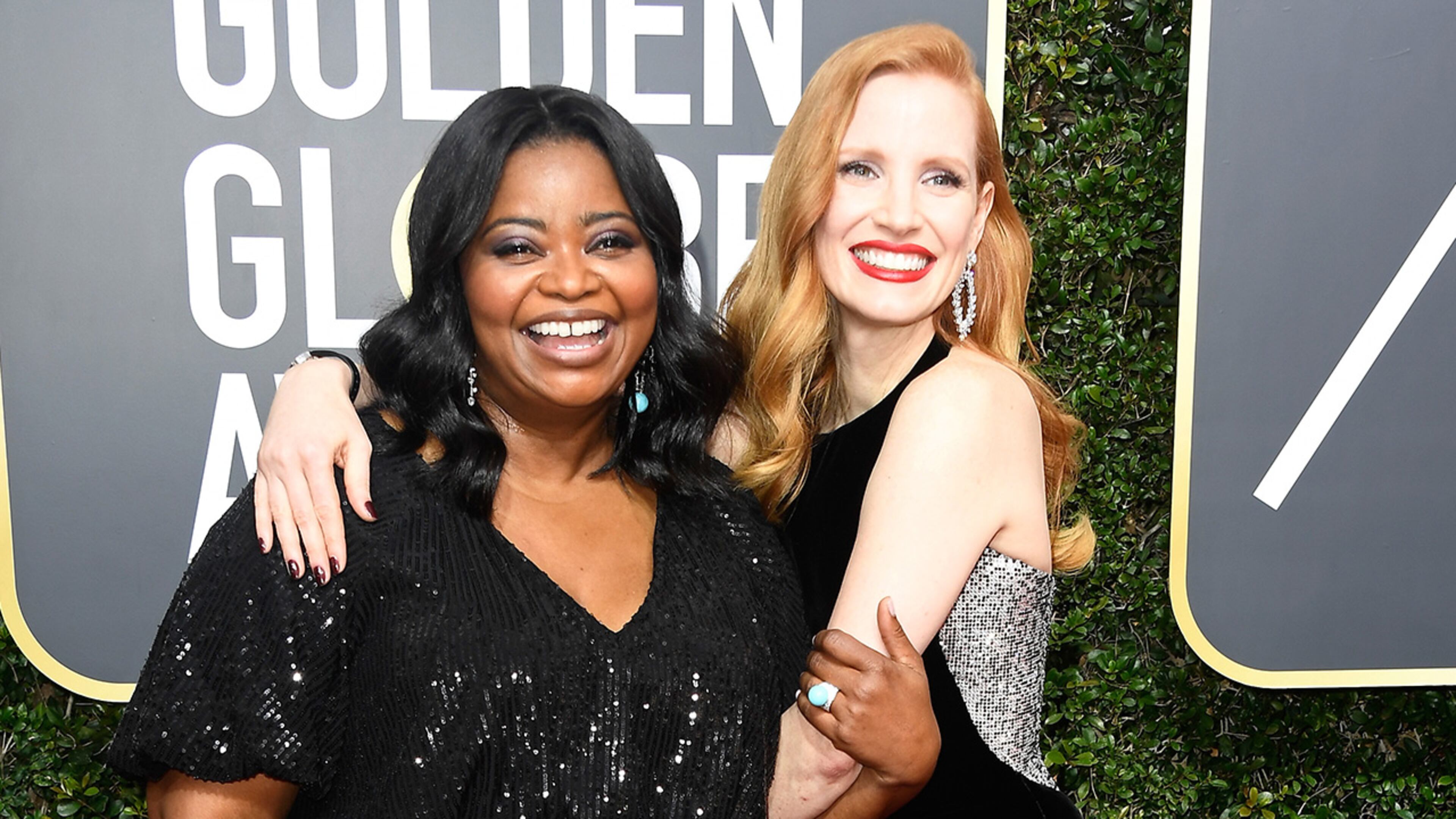 BEVERLY HILLS, CA - JANUARY 07: Actors Octavia Spencer (L) and Jessica Chastain attend The 75th Annual Golden Globe Awards at The Beverly Hilton Hotel on January 7, 2018 in Beverly Hills, California. (Photo by Frazer Harrison/Getty Images)