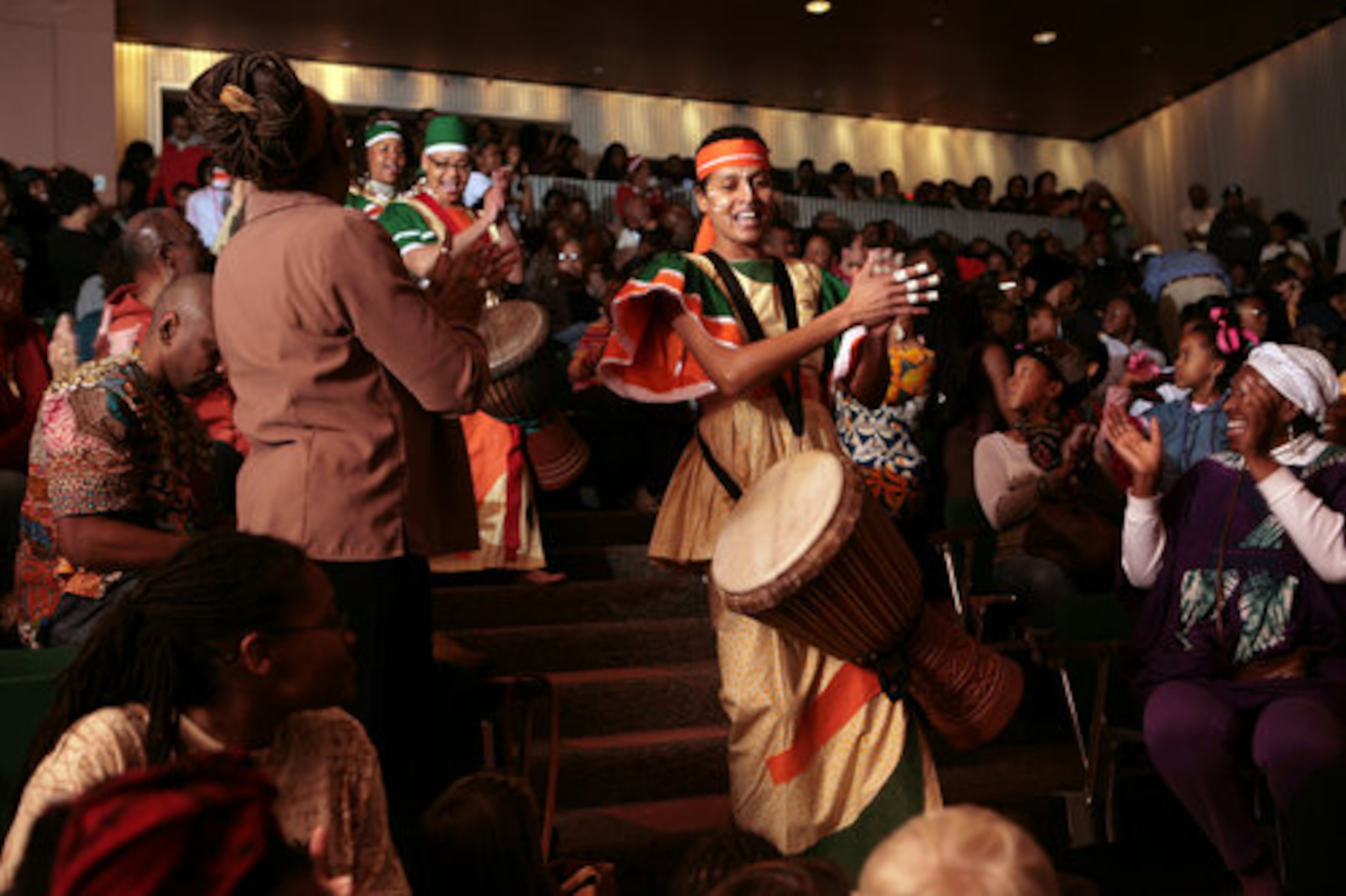 A 2020 Atlanta Kwanzaa celebration at Central Library in downtown Atlanta. The event featured Giwayen Mata, an all-women's percussion, vocal and dance ensemble. A similar event will be held this year at the Auburn Avenue Research Library on Dec. 30. (Jessica McGowan/AJC)