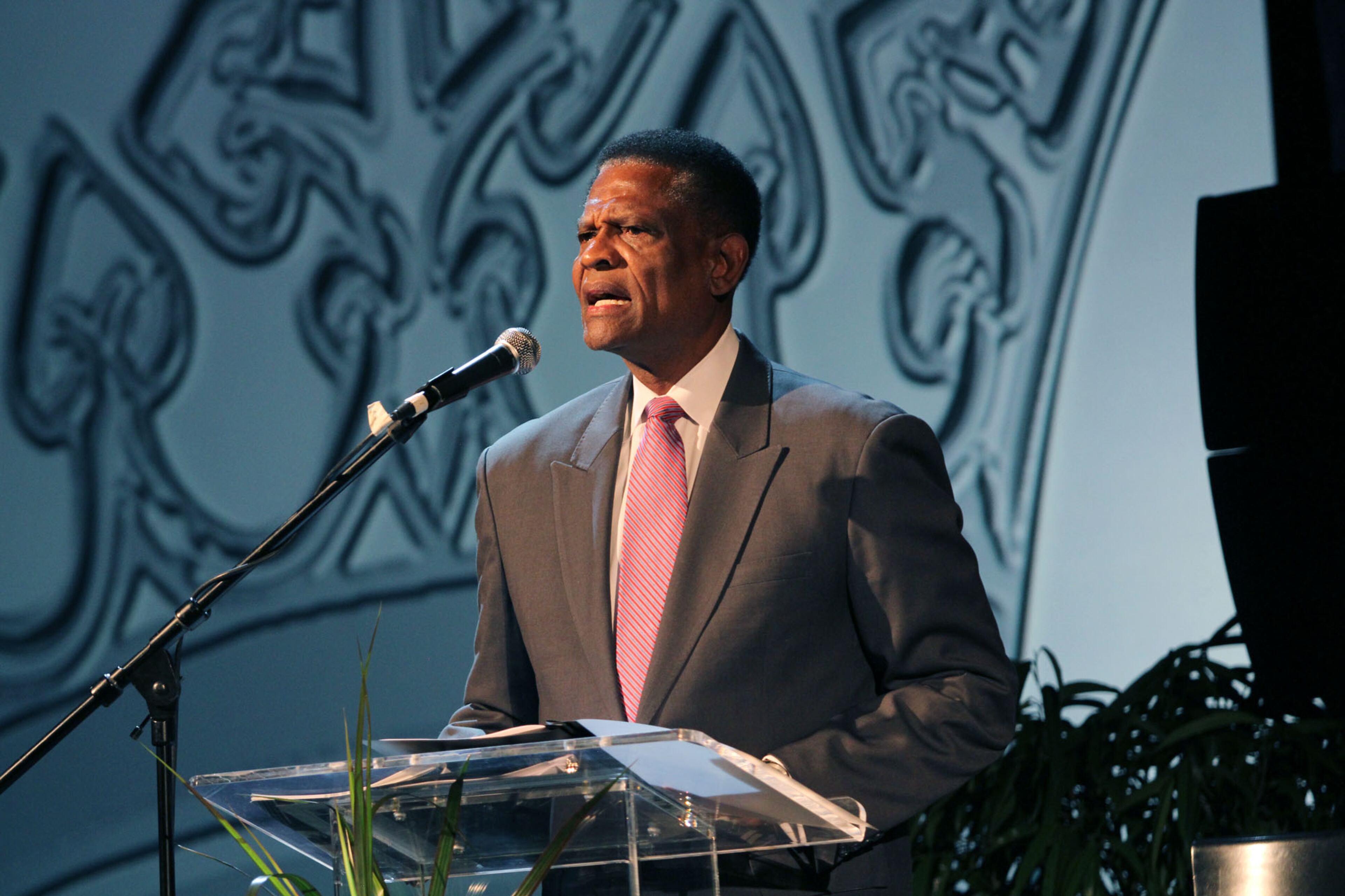 Royall Mack, vice chair of the NBCA Hall of Fame Board of Directors, gives opening remarks to the finals of the Miss National Black College Alumni Hall of Fame on Saturday at the Hyatt Regency downtown Atlanta.