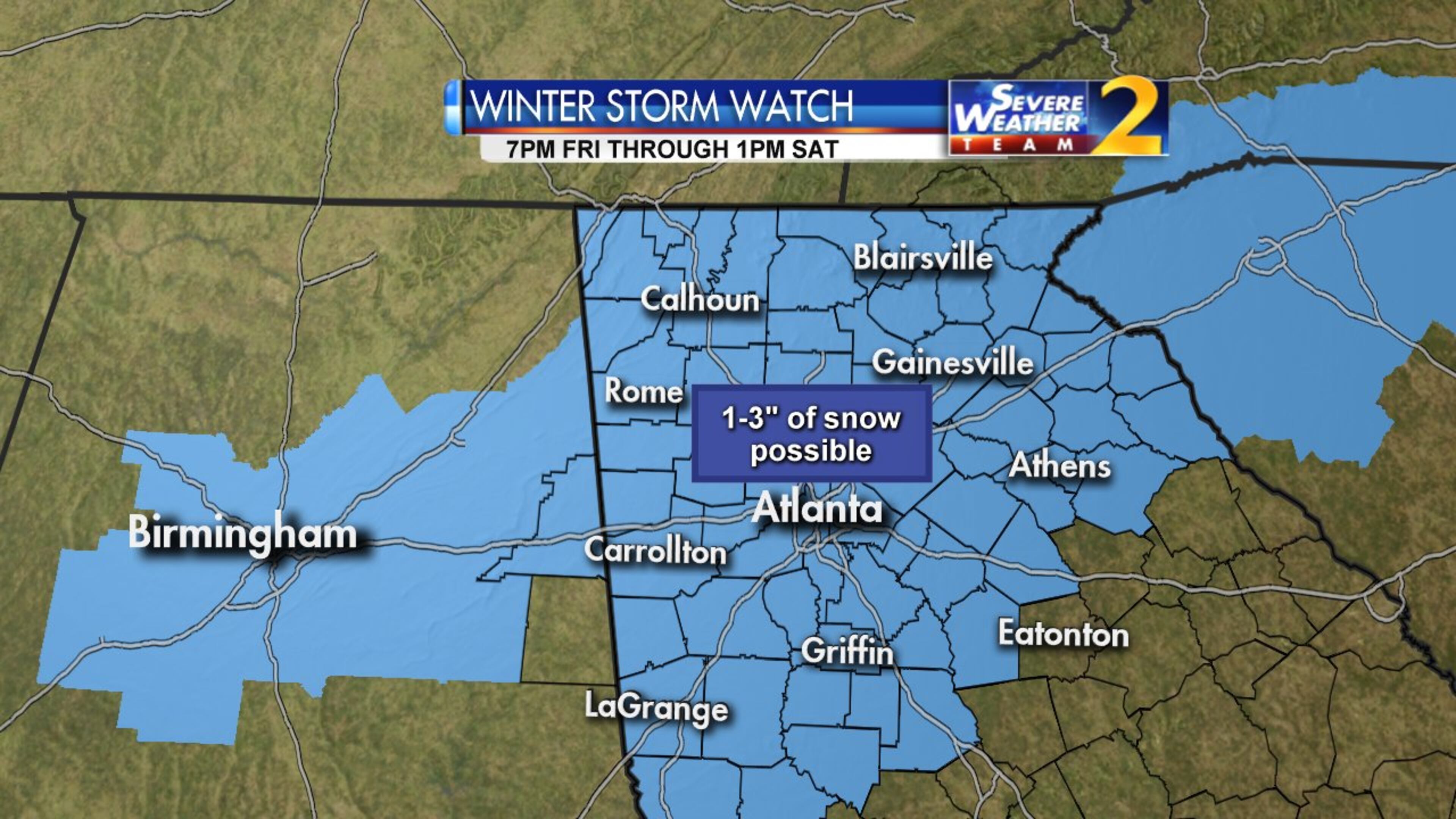 A winter storm watch was issued Thursday in metro Atlanta ahead of 1 to 2 inches of snow likely Friday through Saturday. Some isolated spots could get 3 inches though, Channel 2 meteorologist Karen Minton said.