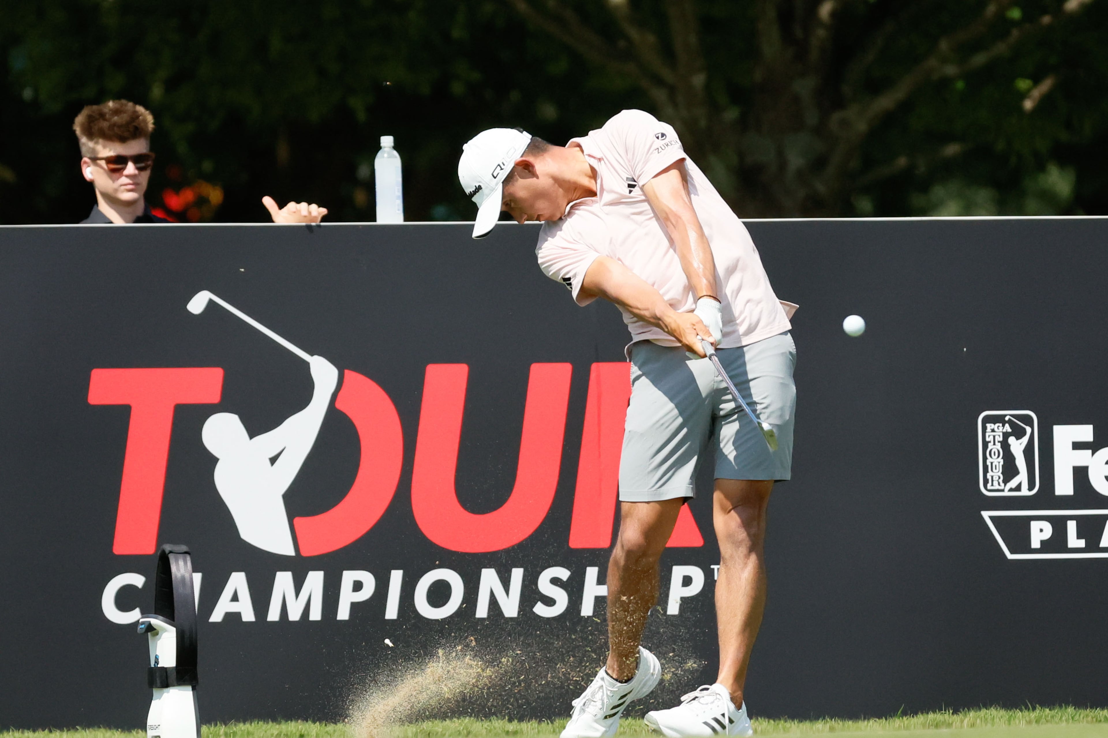 Collin Morikawa tees off on the 11th hole during a practice round for the 2024 Tour Championship at East Lake Golf Club, on Tuesday, Aug. 27, 2024, in Atlanta.
(Miguel Martinez / AJC)