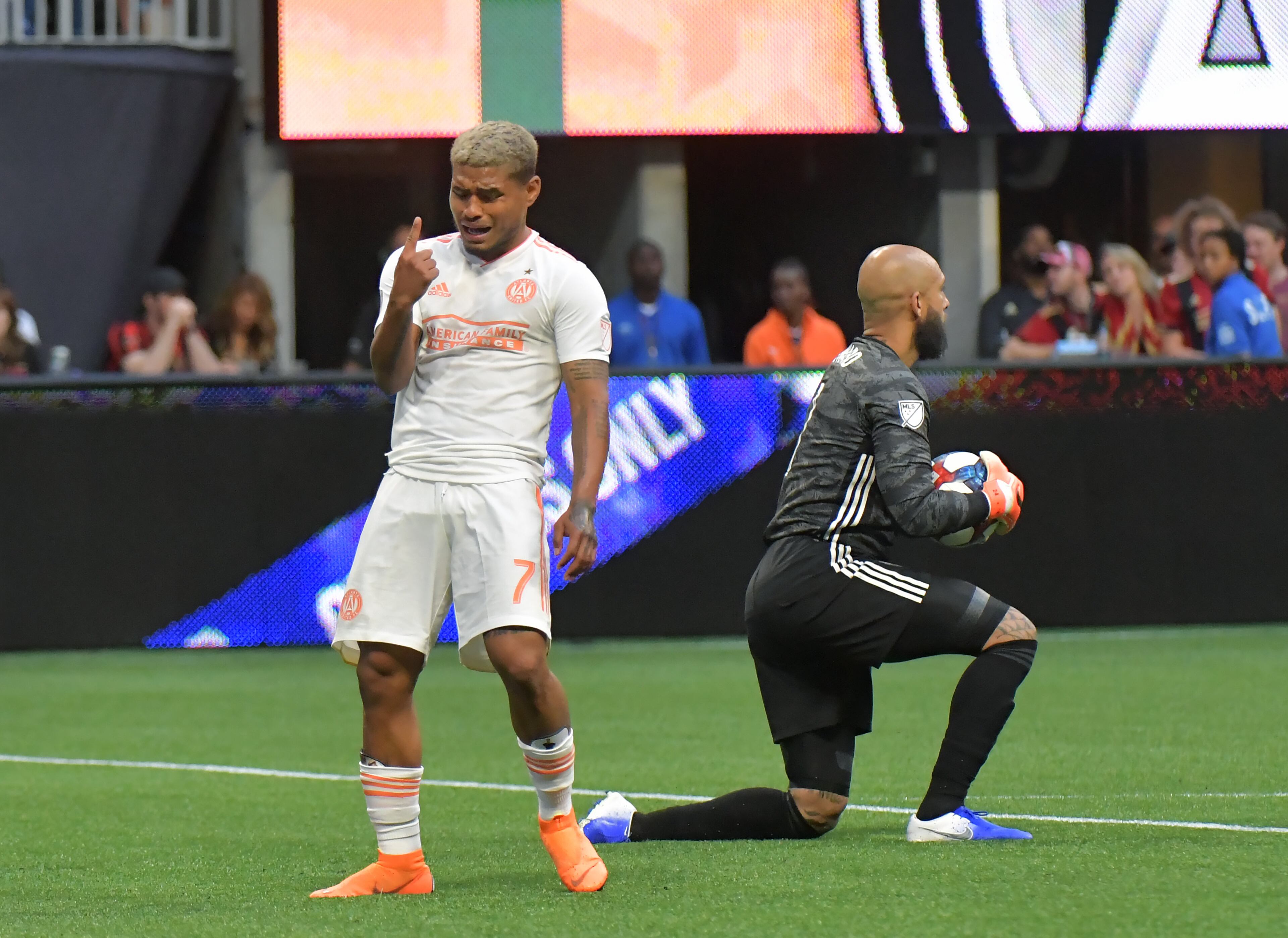April 27, 2019 Atlanta - Atlanta United forward Josef Martinez (7) reacts after he failed to score during the second half in a MLS soccer match at Mercedes-Benz Stadium in Atlanta on Saturday, April 27, 2019. Atlanta United won 1-0 over the Colorado Rapids. HYOSUB SHIN / HSHIN@AJC.COM