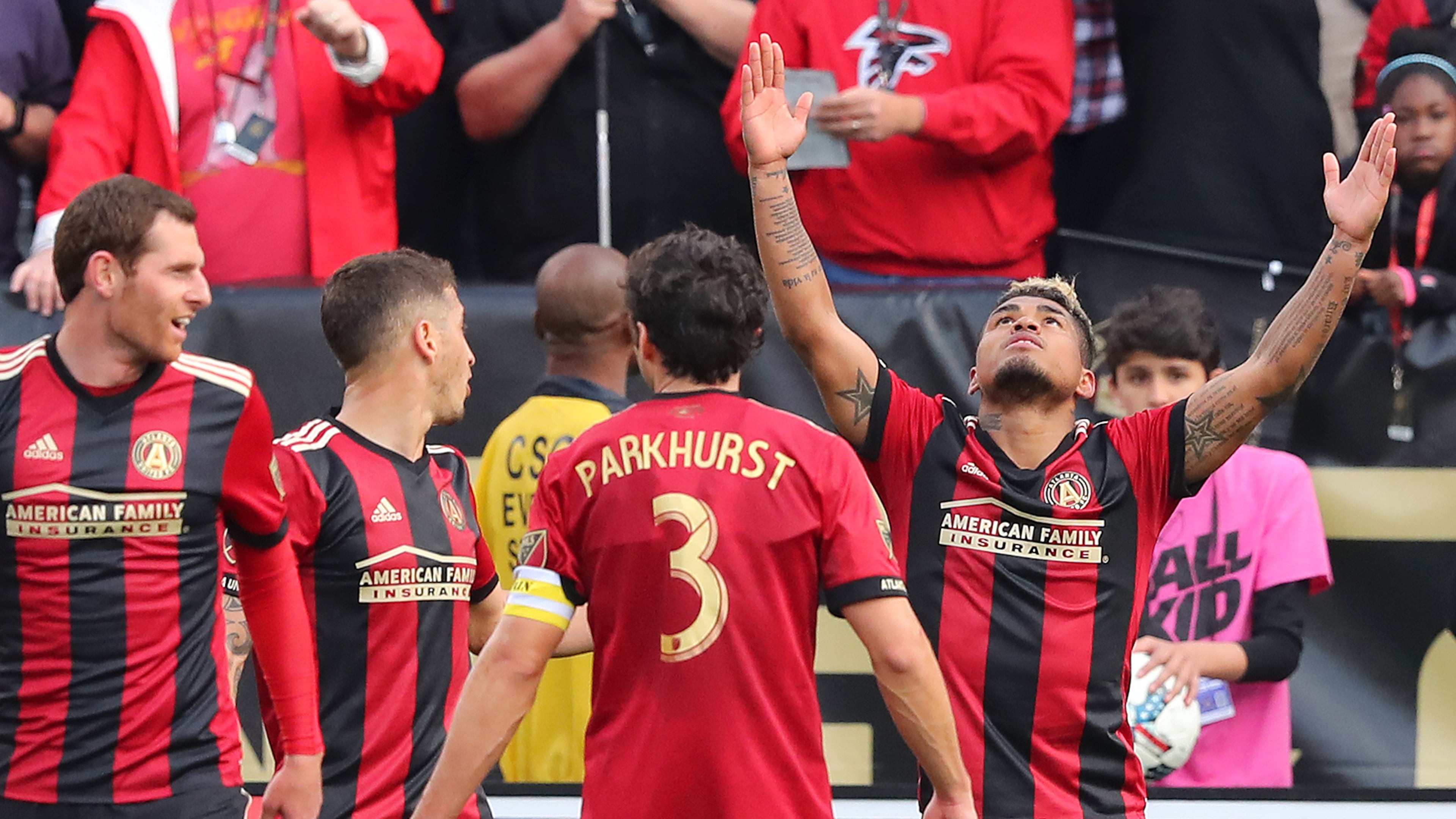 March 18, 2017, Atlanta: Atlanta United forward Josef Martinez (right) celebrates his second of two goals against the Chicago Fire for a 4-0 victory in their MLS game on Saturday, March 18, 2017, in Atlanta. Curtis Compton/ccompton@ajc.com
